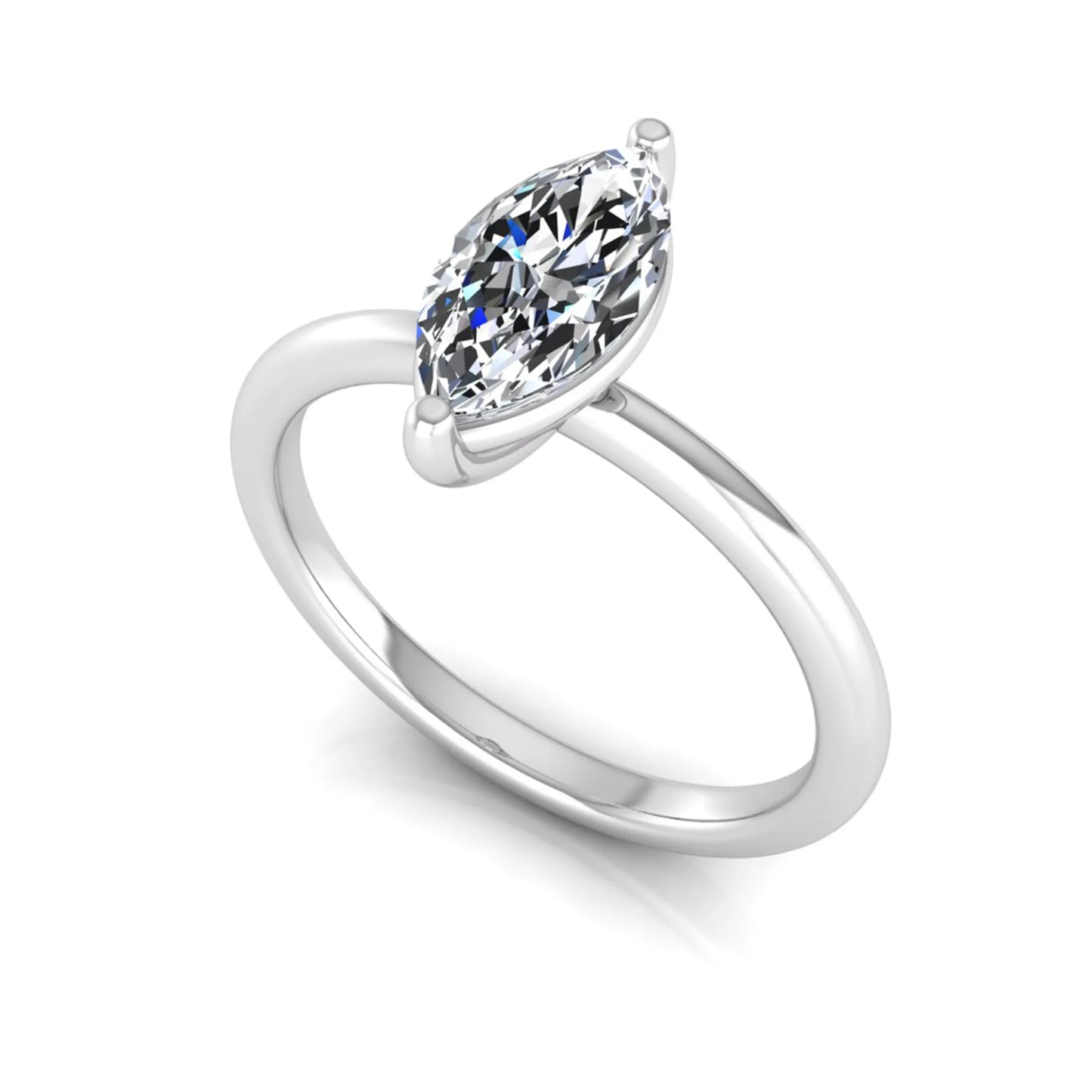 Marquise cut solitaire lab grown diamond engagement ring featuring a 0.95 carat marquise cut center diamond in white gold.