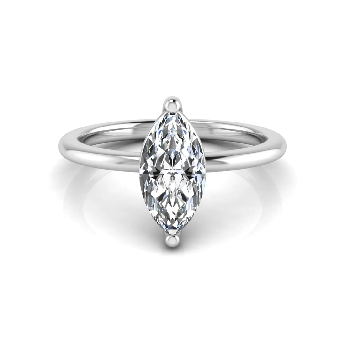 Marquise cut solitaire lab grown diamond engagement ring featuring a 0.95 carat marquise cut center diamond in white gold.