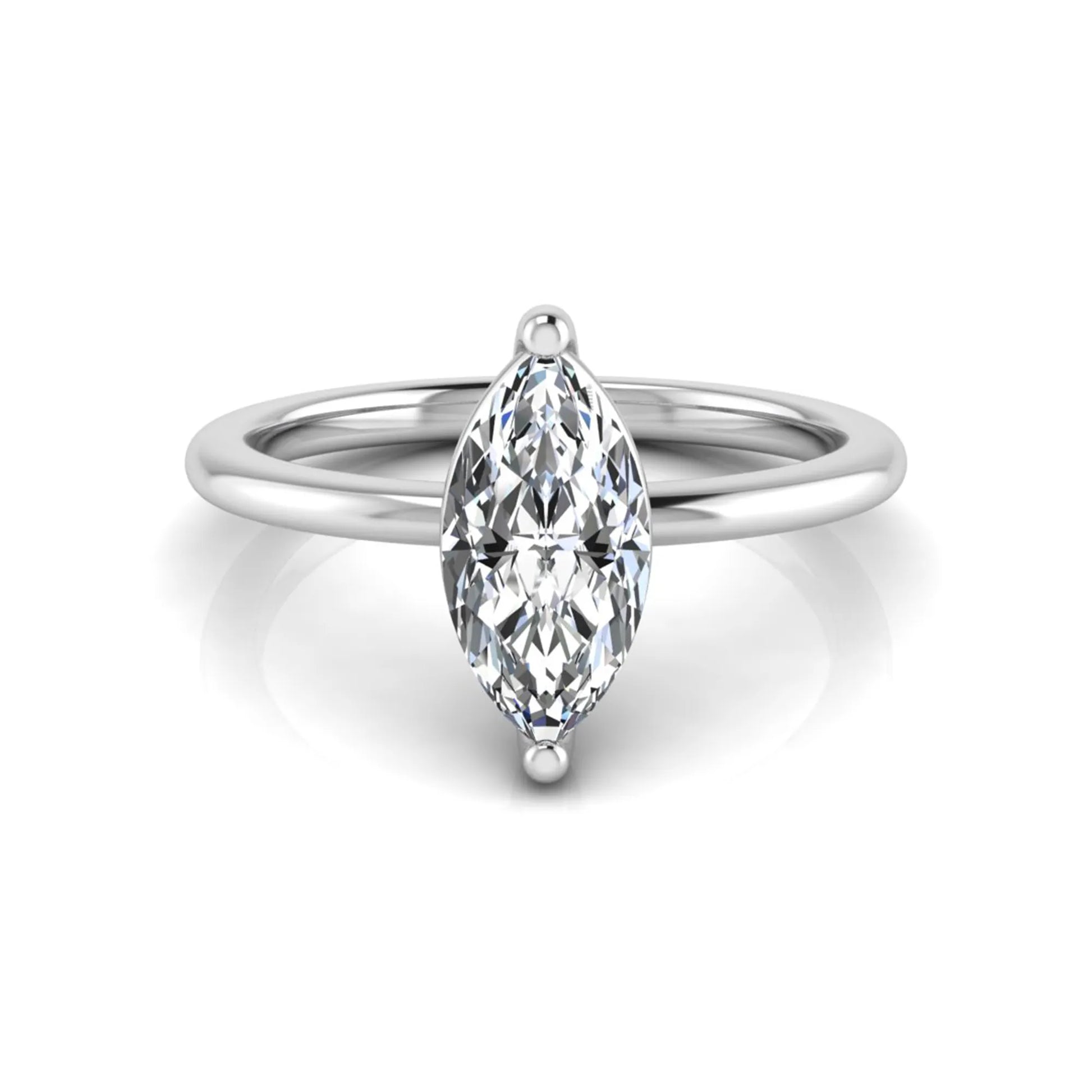 Marquise cut solitaire lab grown diamond engagement ring featuring a 0.95 carat marquise cut center diamond in white gold.