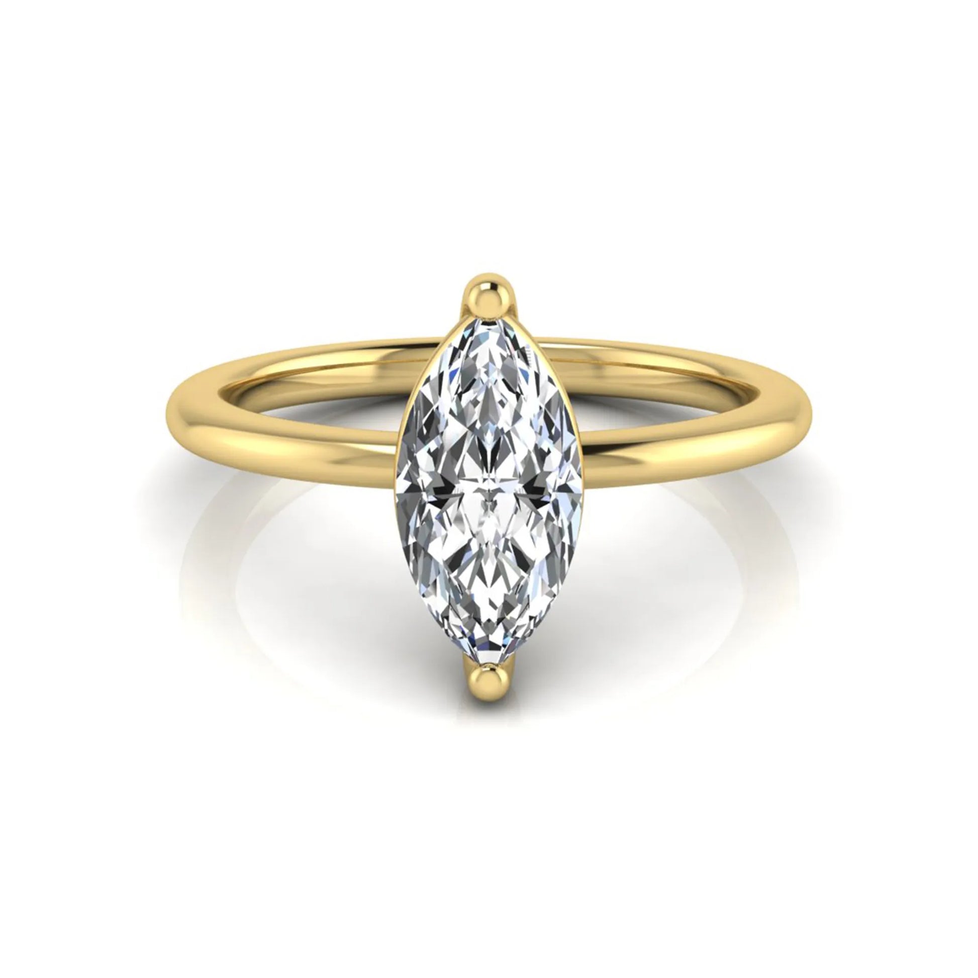 Marquise cut solitaire lab grown diamond engagement ring featuring a 0.95 carat marquise cut center diamond in yellow gold.
