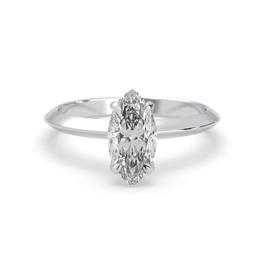 white-gold Diamond ring with a marquise-shaped gemstone on a white background