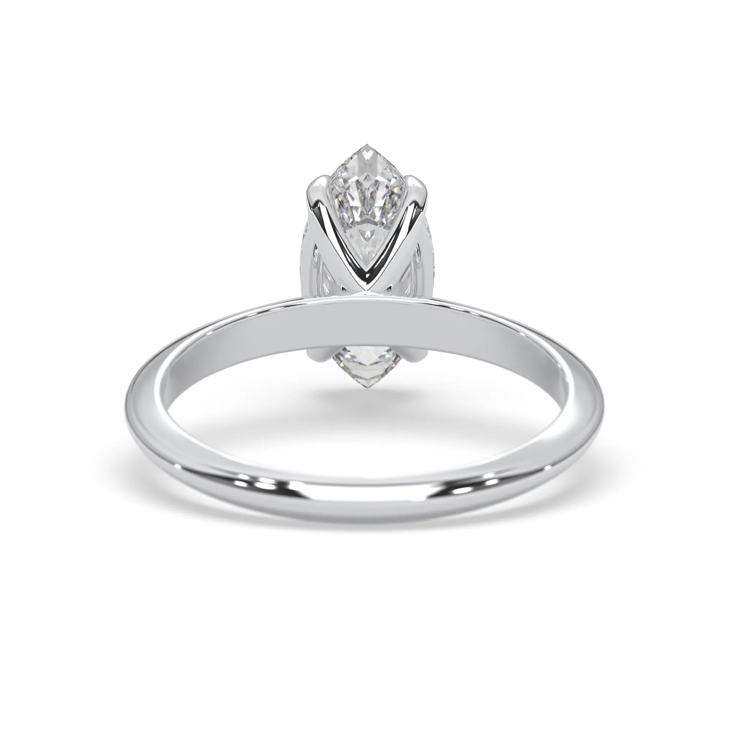 white-gold  ring with a marquise-shaped diamond on a white background