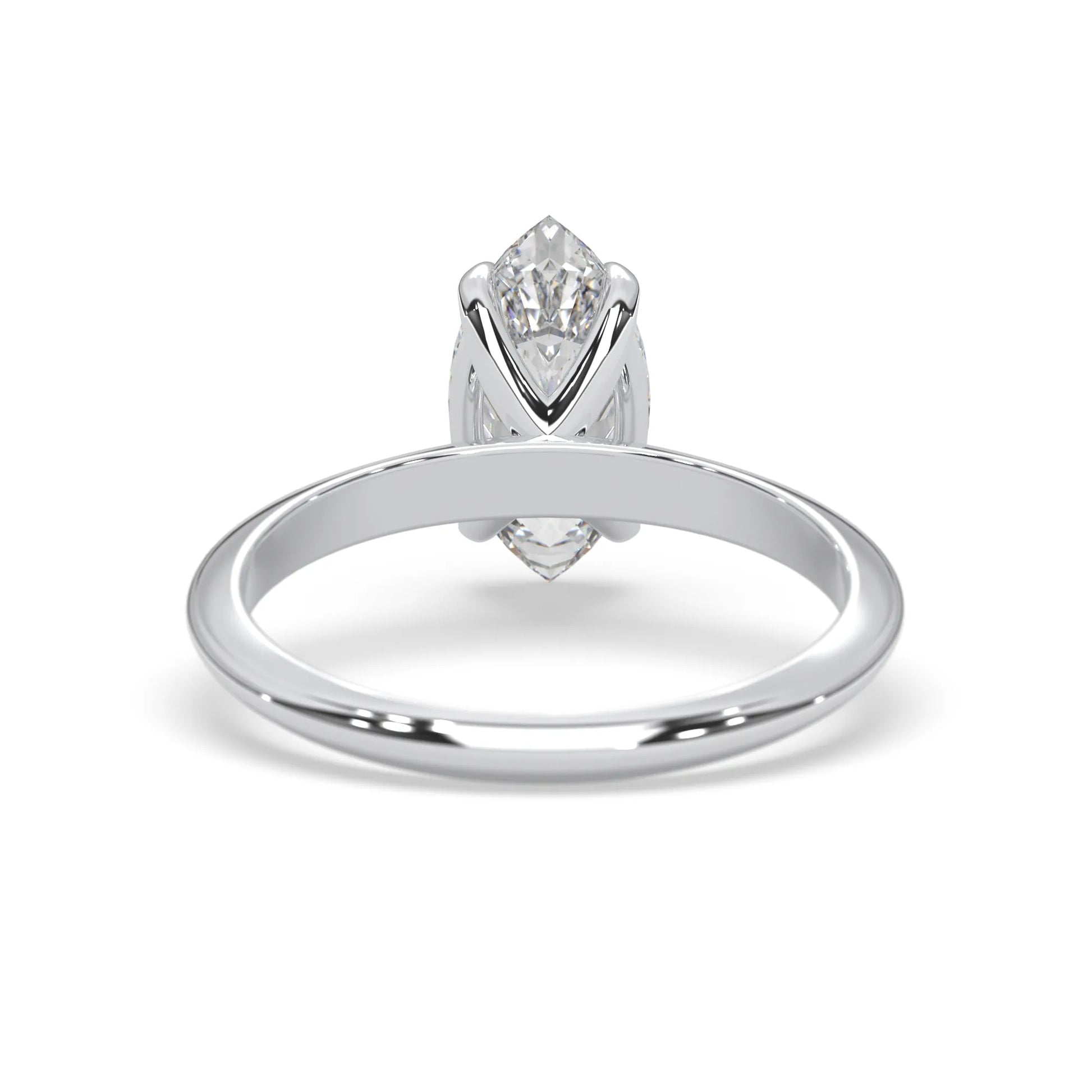 white-gold  ring with a marquise-shaped diamond on a white background
