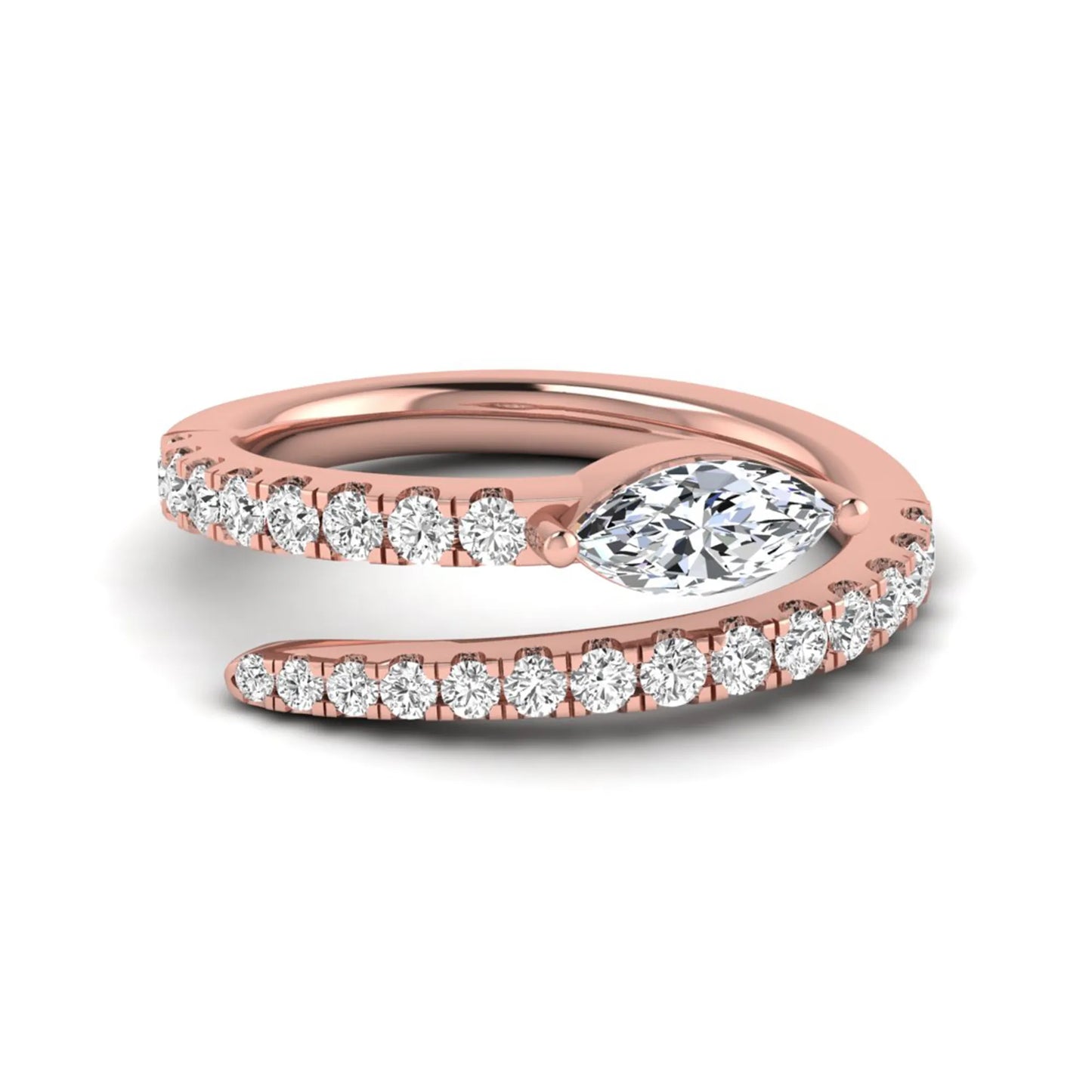 Marquise cut lab grown diamond bypass wrap engagement ring featuring a 0.50 carat marquise center diamond with pavé round diamond accents in rose gold.