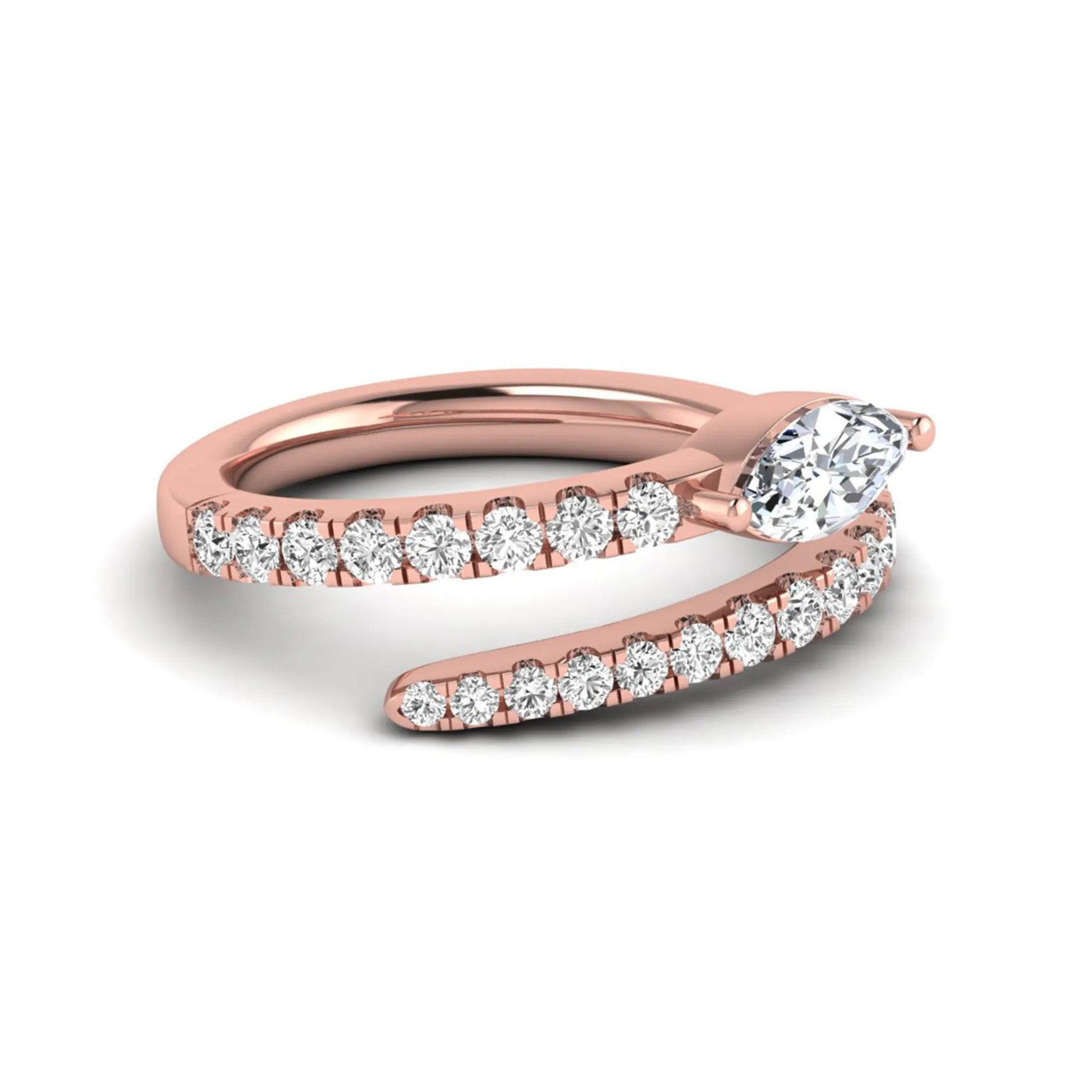 Marquise cut lab grown diamond bypass wrap engagement ring featuring a 0.50 carat marquise center diamond with pavé round diamond accents in rose gold.
