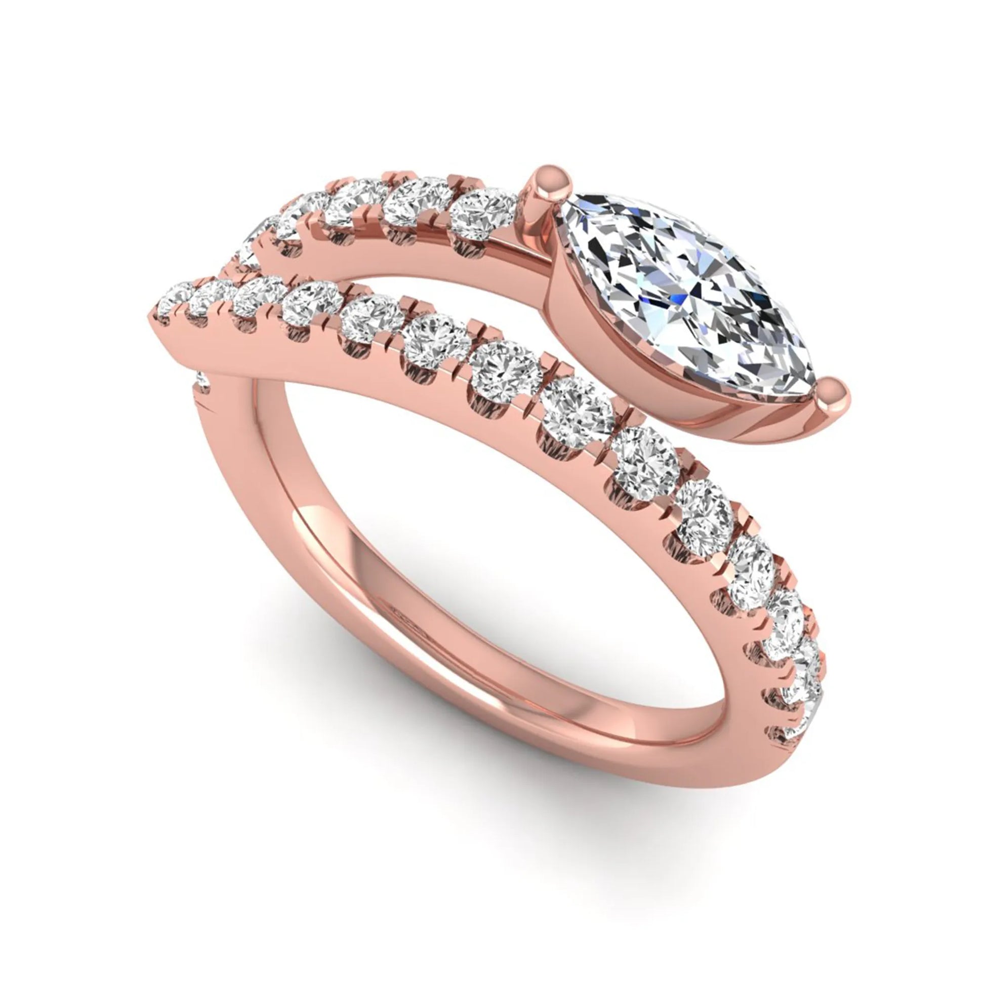 Marquise cut lab grown diamond bypass wrap engagement ring featuring a 0.50 carat marquise center diamond with pavé round diamond accents in rose gold.
