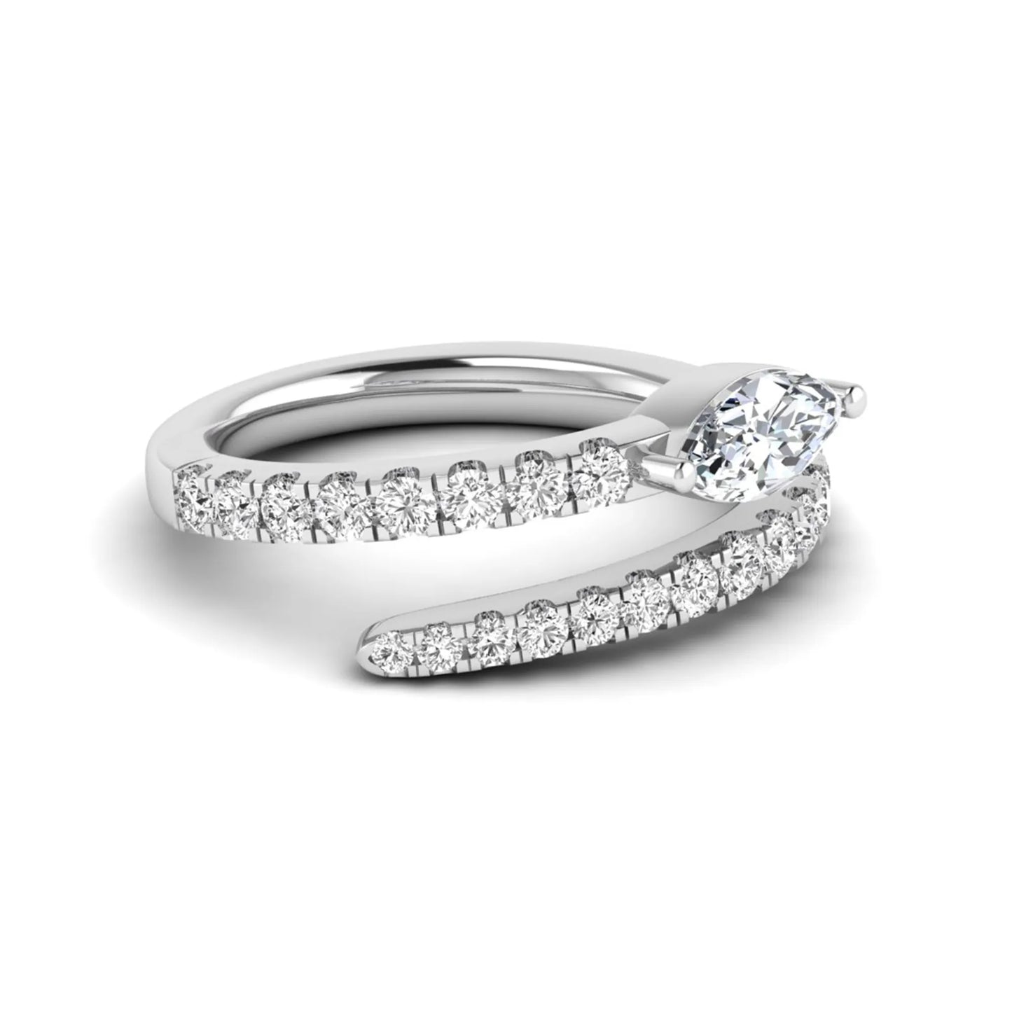 Marquise cut lab grown diamond bypass wrap engagement ring featuring a 0.50 carat marquise center diamond with pavé round diamond accents in white gold.
