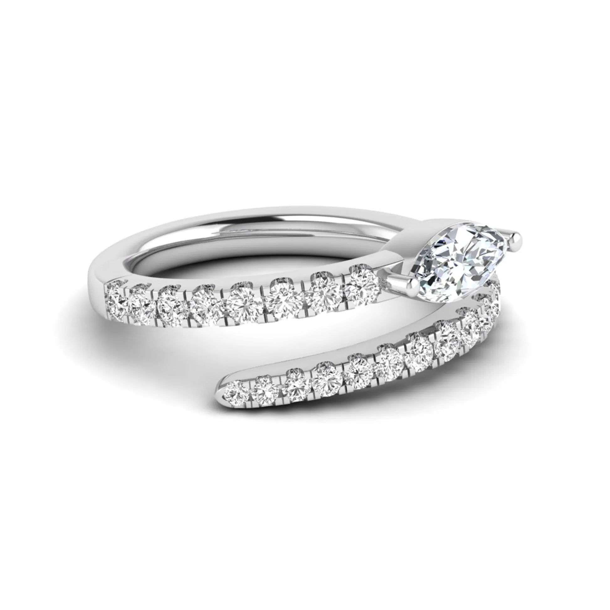 Marquise cut lab grown diamond bypass wrap engagement ring featuring a 0.50 carat marquise center diamond with pavé round diamond accents in white gold.