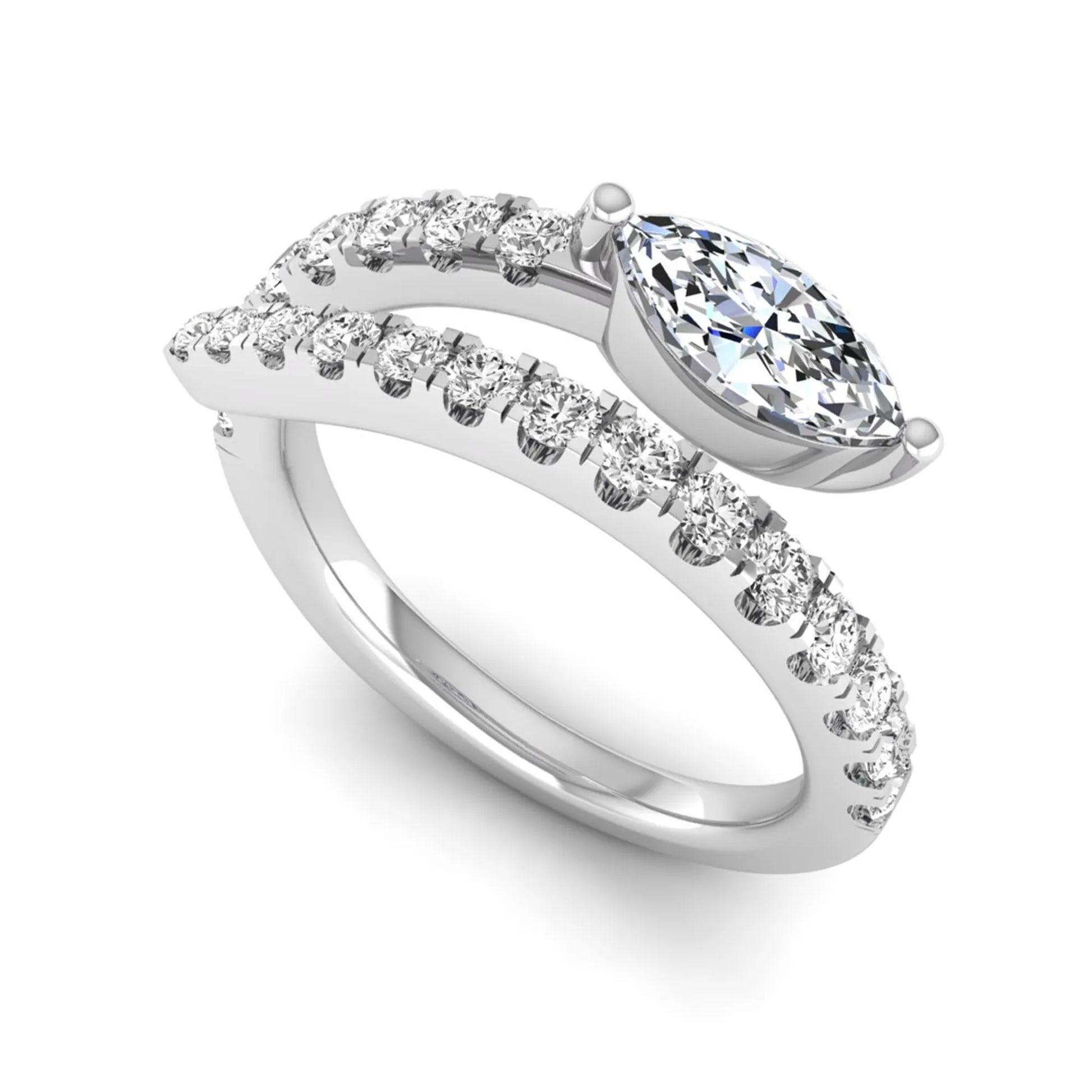 Marquise cut lab grown diamond bypass wrap engagement ring featuring a 0.50 carat marquise center diamond with pavé round diamond accents in white gold.