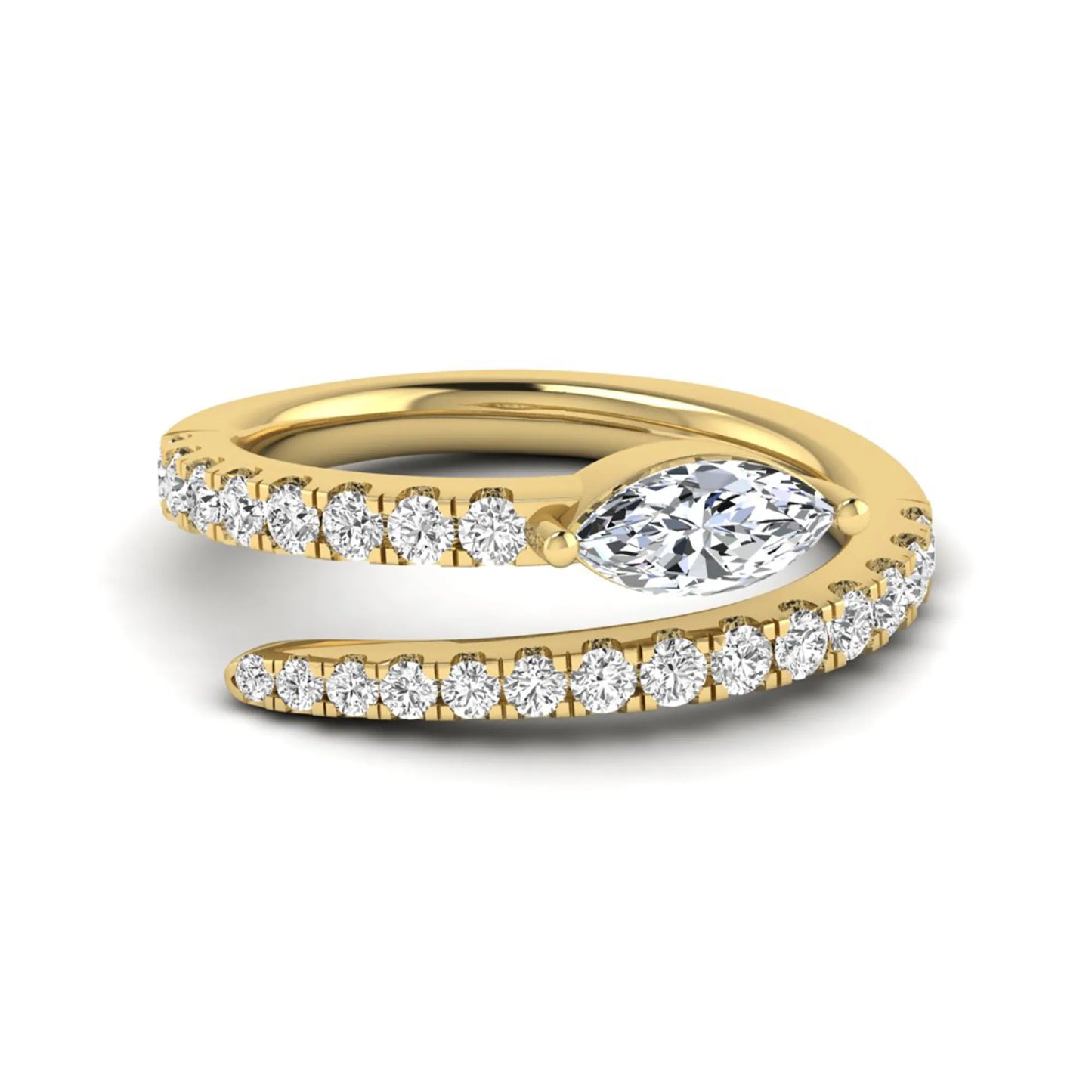 Marquise cut lab grown diamond bypass wrap engagement ring featuring a 0.50 carat marquise center diamond with pavé round diamond accents in yellow gold.