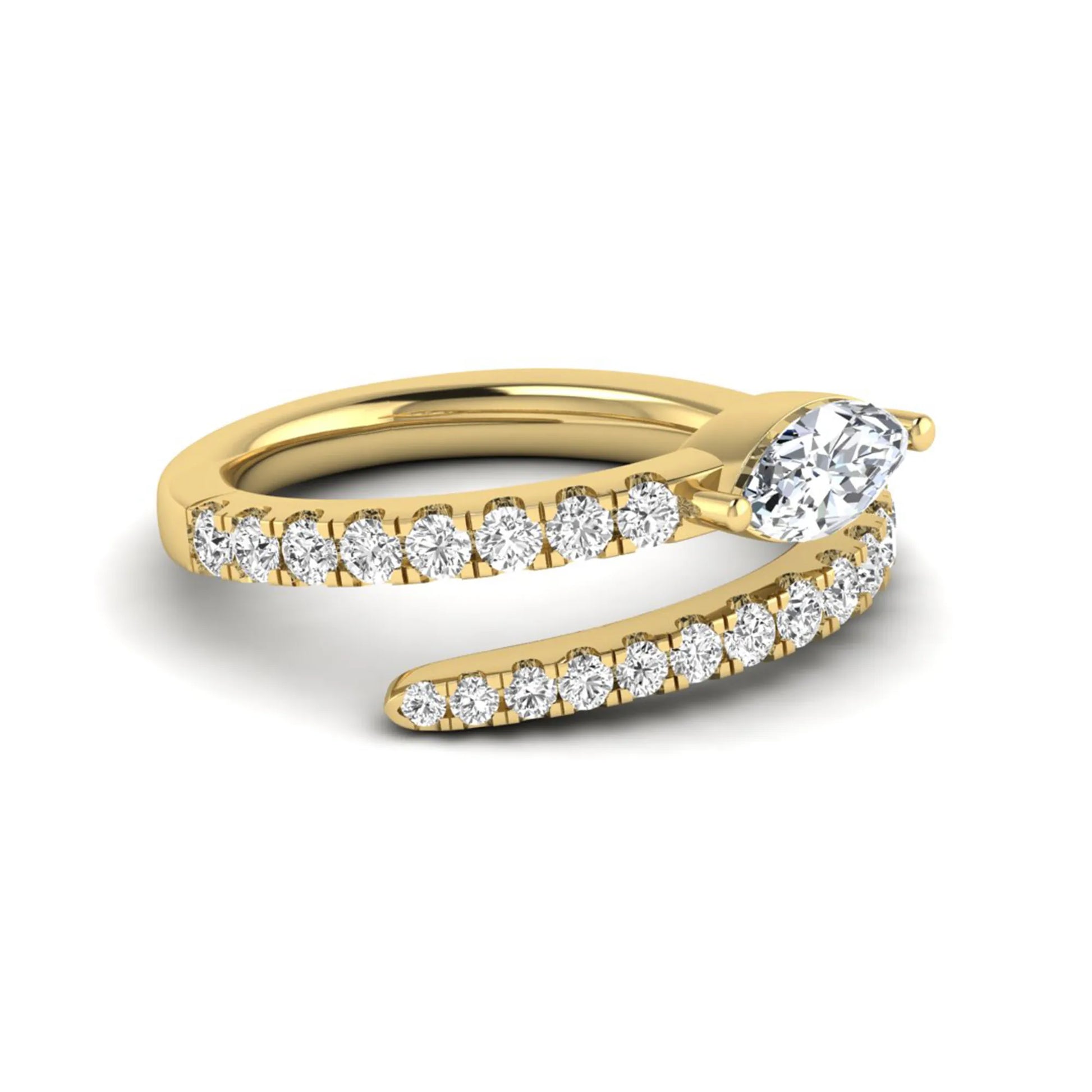 Marquise cut lab grown diamond bypass wrap engagement ring featuring a 0.50 carat marquise center diamond with pavé round diamond accents in yellow gold.