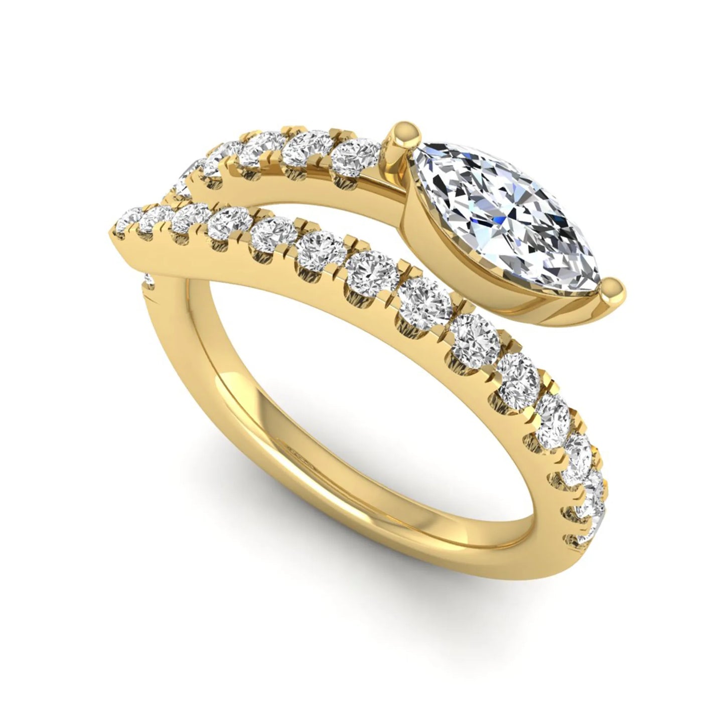 Marquise cut lab grown diamond bypass wrap engagement ring featuring a 0.50 carat marquise center diamond with pavé round diamond accents in yellow gold.