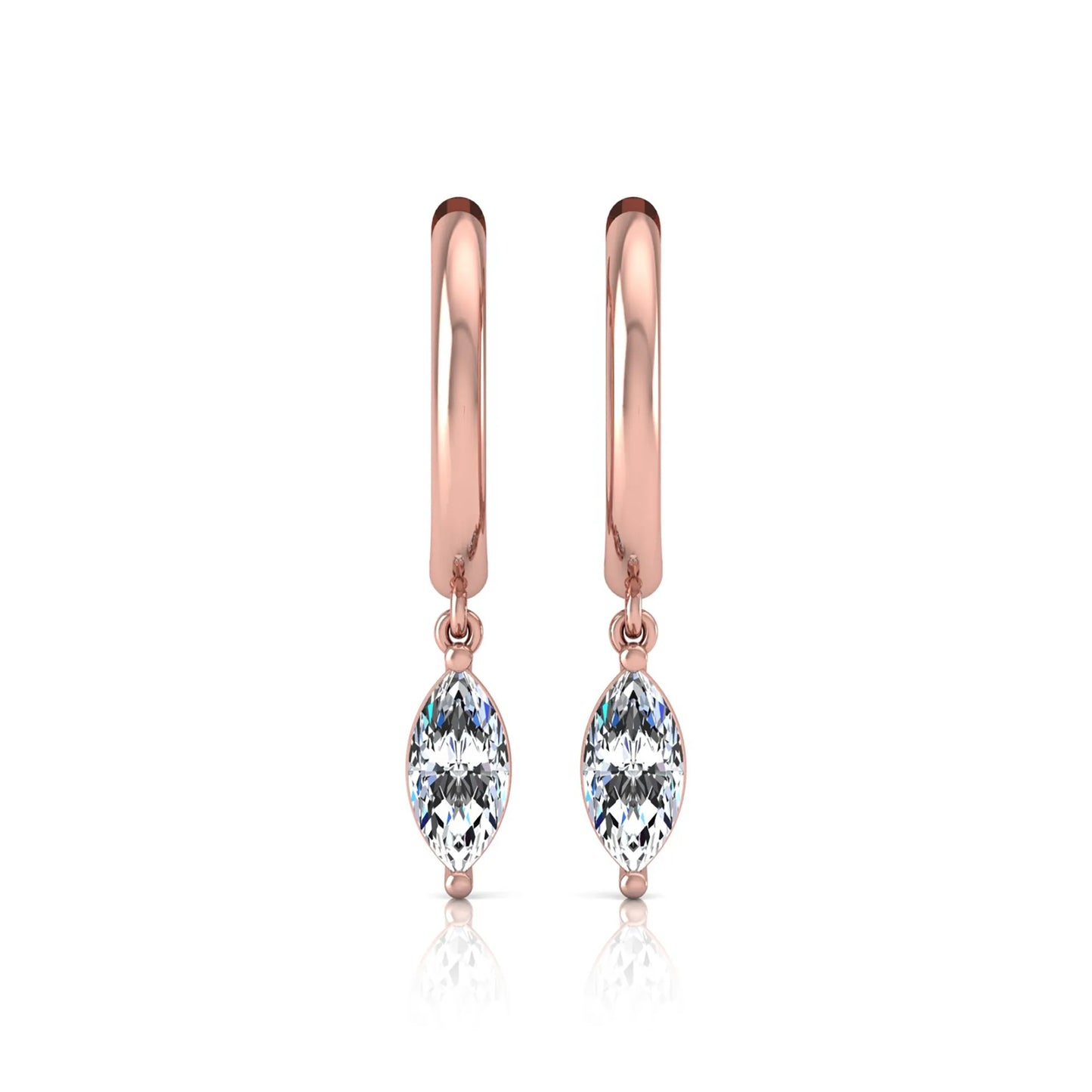Marquise cut lab grown diamond drop huggie hoop earrings featuring a two prong drop setting, hinged snap closure, and polished rose gold tone finish.