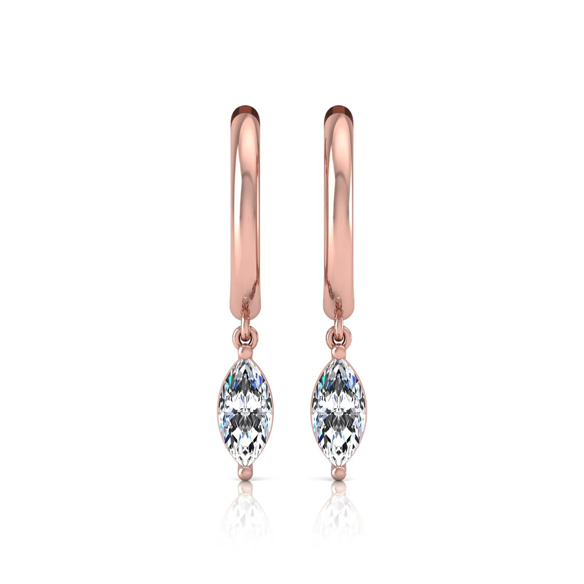 Marquise cut lab grown diamond drop huggie hoop earrings featuring a two prong drop setting, hinged snap closure, and polished rose gold tone finish.