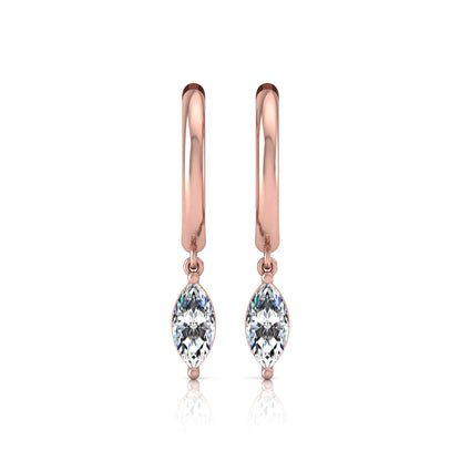 Marquise cut lab grown diamond drop huggie hoop earrings featuring a two prong drop setting, hinged snap closure, and polished rose gold tone finish.