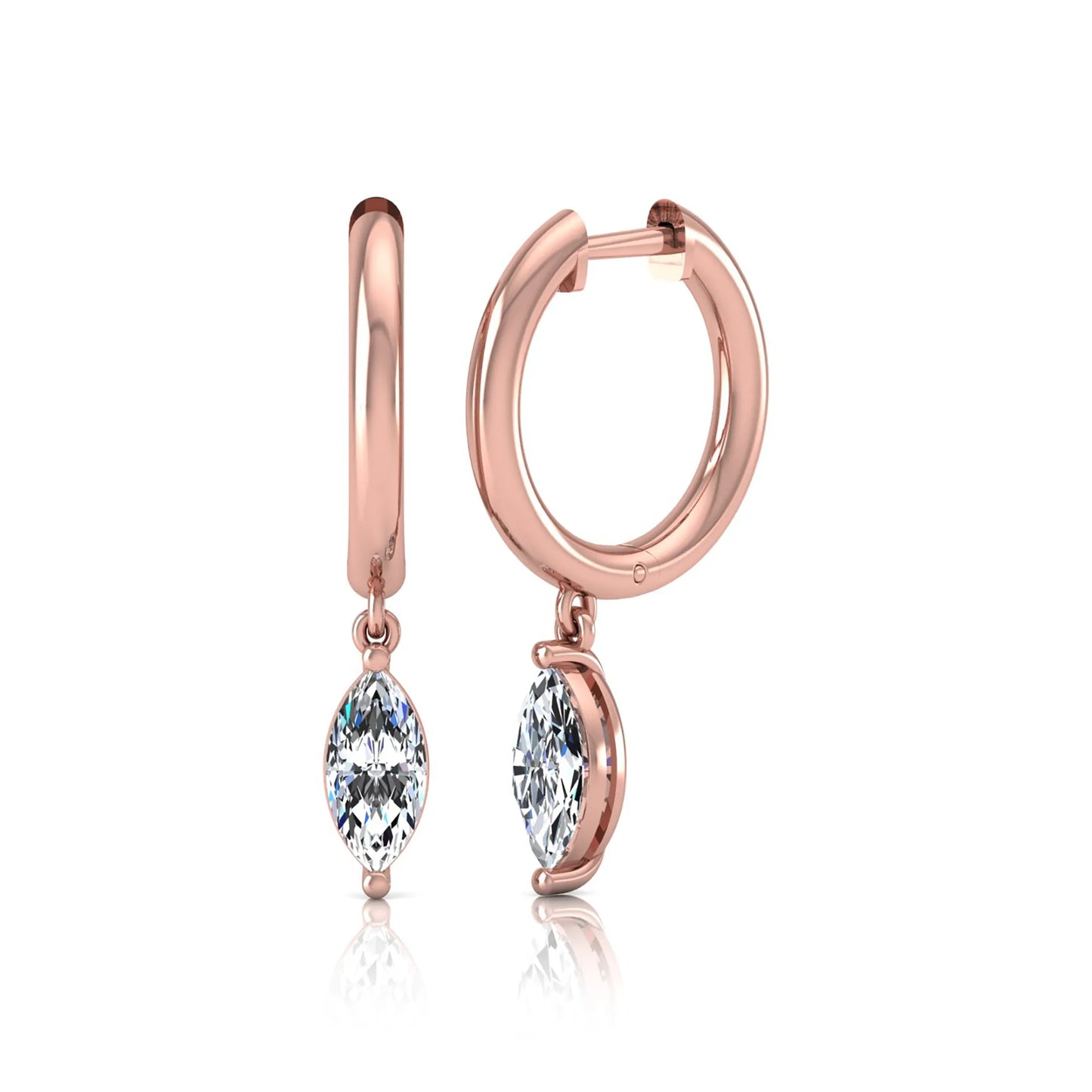 Marquise cut lab grown diamond drop huggie hoop earrings featuring a two prong drop setting, hinged snap closure, and polished rose gold tone finish.