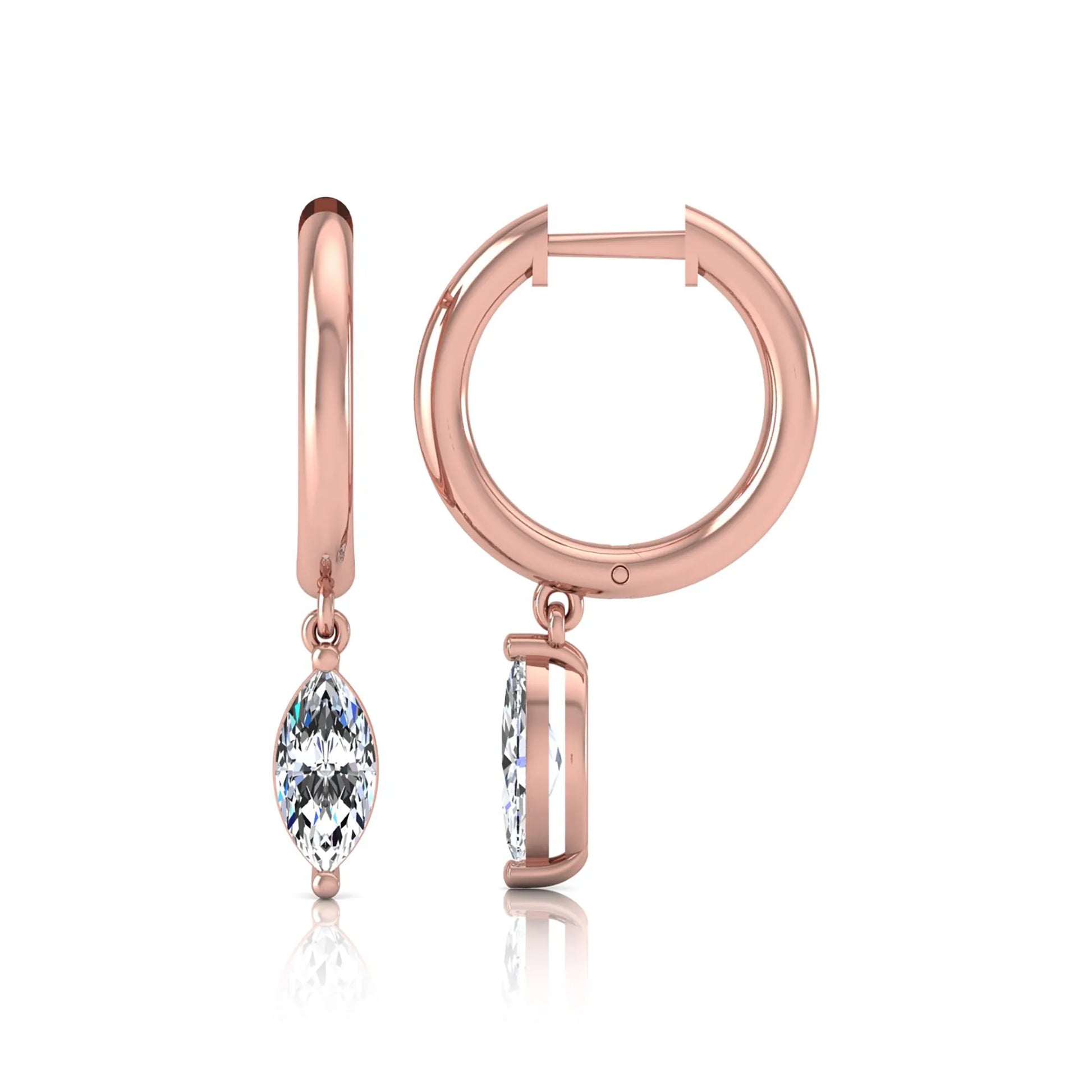 Marquise cut lab grown diamond drop huggie hoop earrings featuring a two prong drop setting, hinged snap closure, and polished rose gold tone finish.