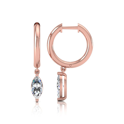 Marquise cut lab grown diamond drop huggie hoop earrings featuring a two prong drop setting, hinged snap closure, and polished rose gold tone finish.