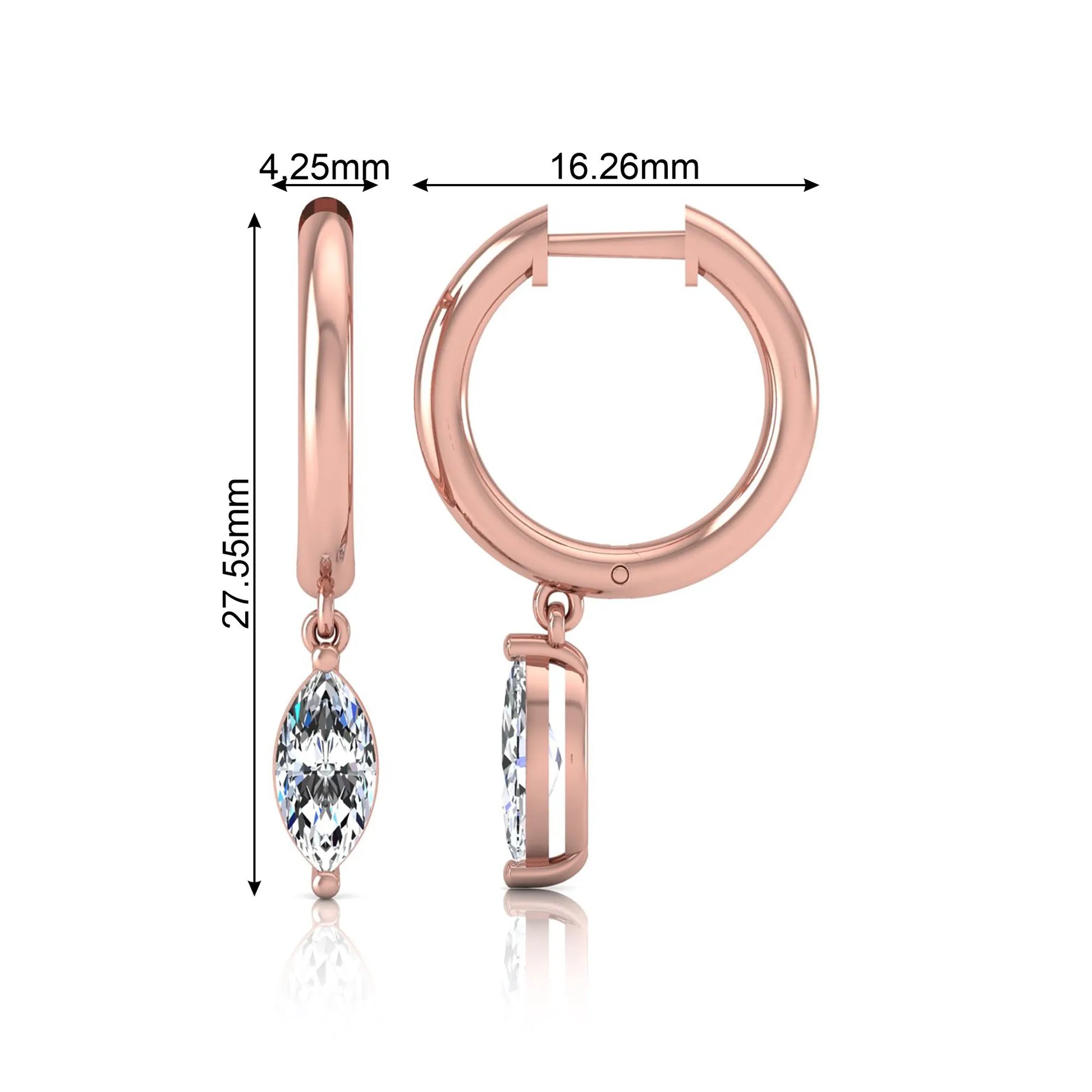Marquise cut lab grown diamond drop huggie hoop earrings featuring a two prong drop setting, hinged snap closure, and polished rose gold tone finish.