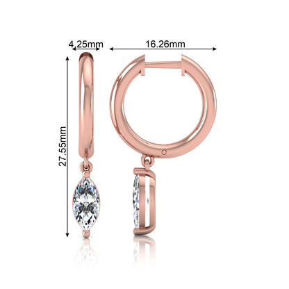 Marquise cut lab grown diamond drop huggie hoop earrings featuring a two prong drop setting, hinged snap closure, and polished rose gold tone finish.