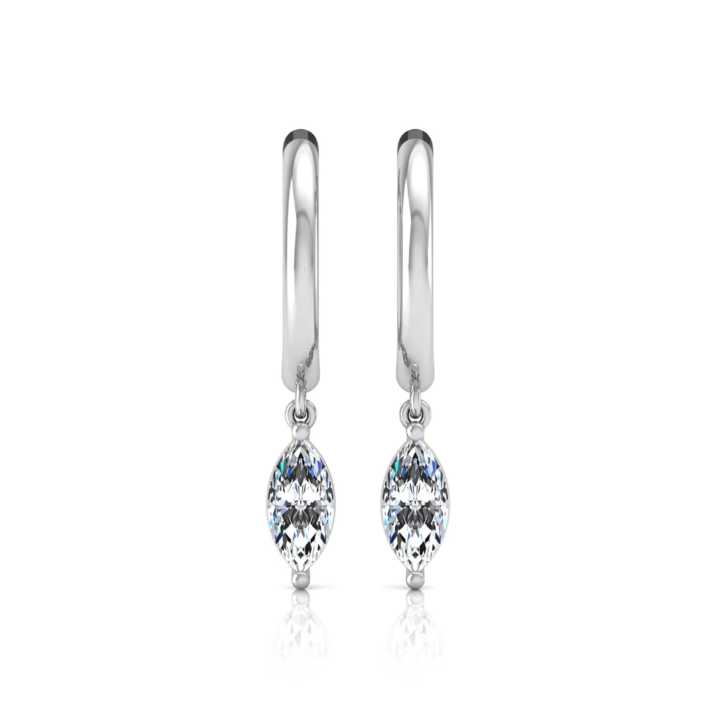 Marquise cut lab grown diamond drop huggie hoop earrings featuring a two prong drop setting, hinged snap closure, and polished white gold tone finish.