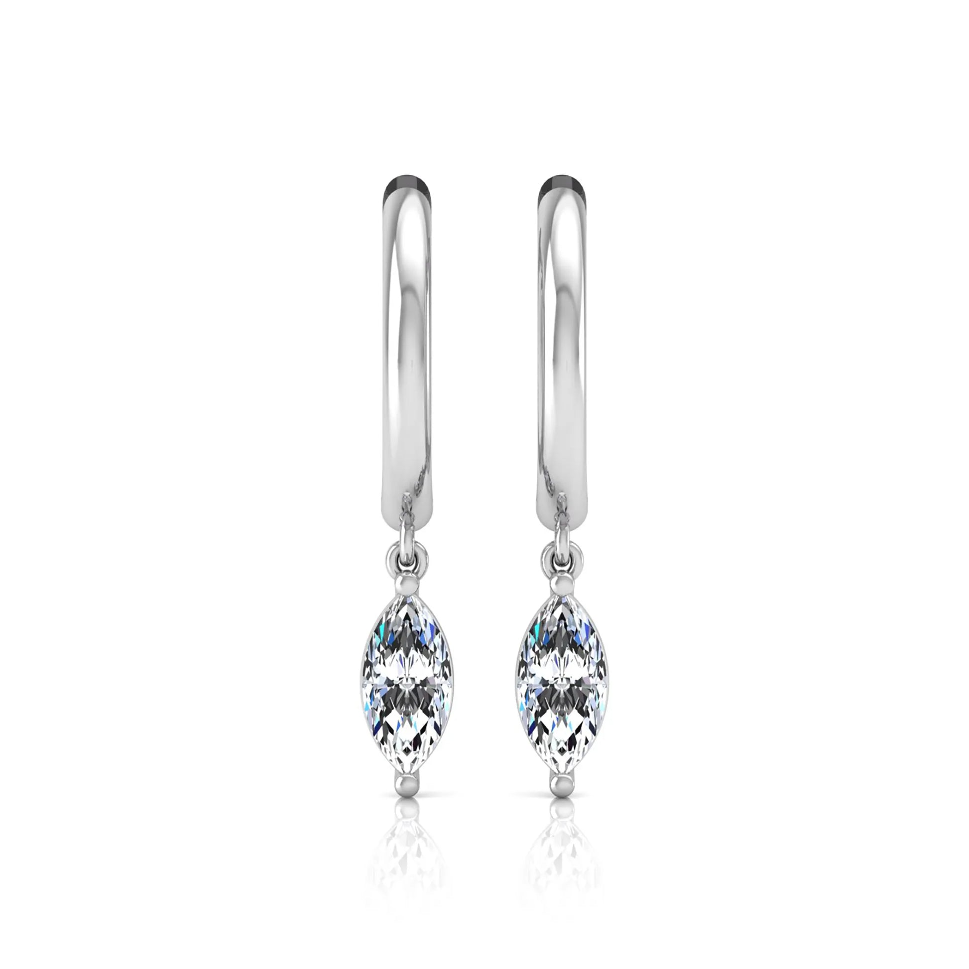 Marquise cut lab grown diamond drop huggie hoop earrings featuring a two prong drop setting, hinged snap closure, and polished white gold tone finish.