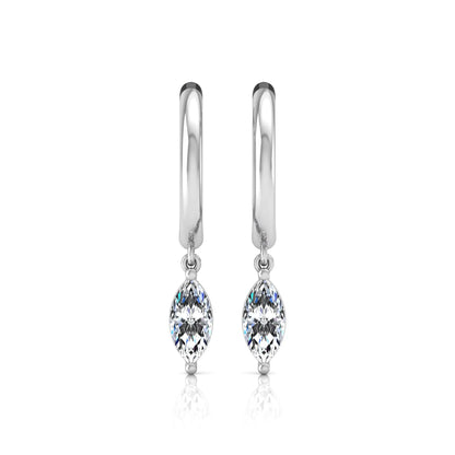 Marquise cut lab grown diamond drop huggie hoop earrings featuring a two prong drop setting, hinged snap closure, and polished white gold tone finish.