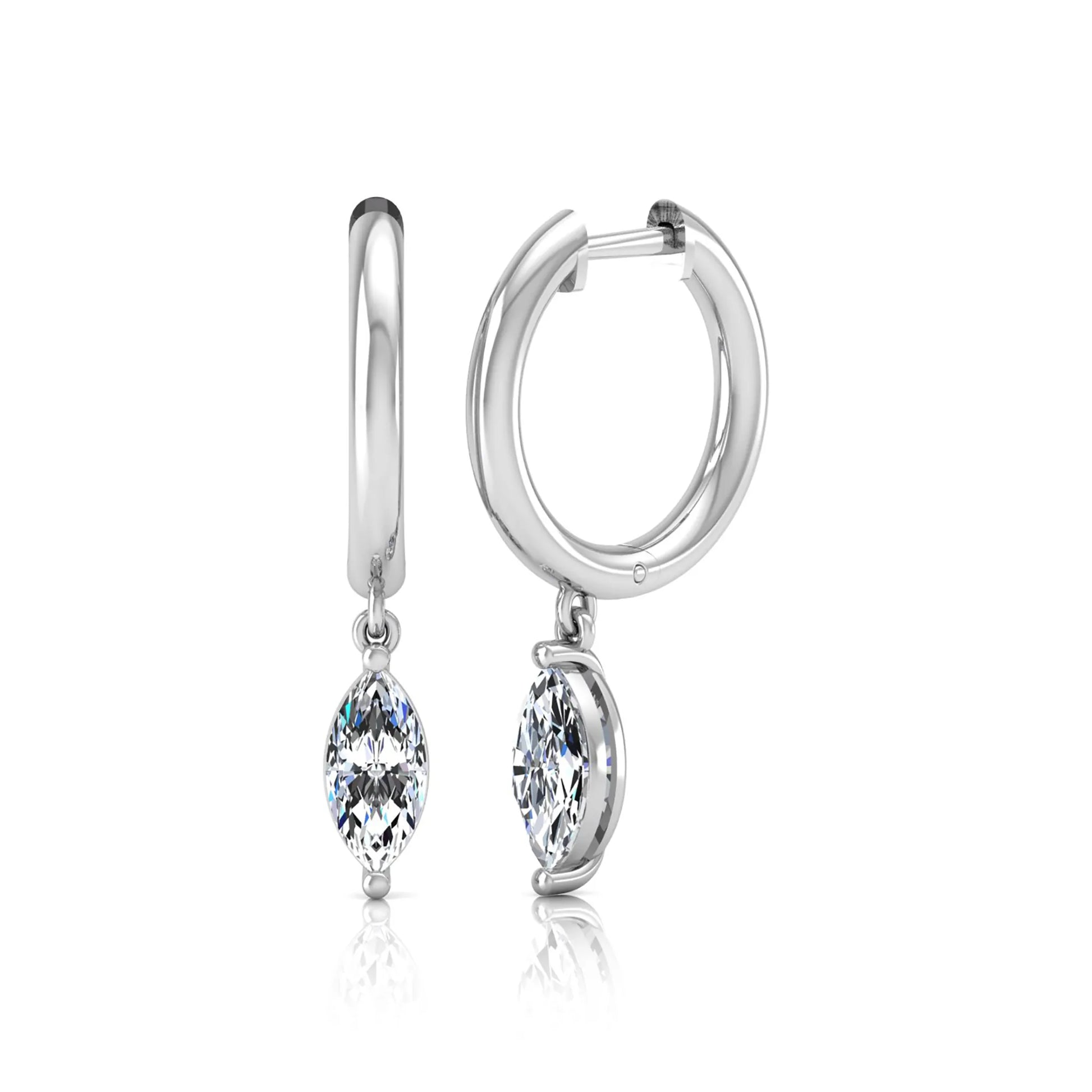 Marquise cut lab grown diamond drop huggie hoop earrings featuring a two prong drop setting, hinged snap closure, and polished white gold tone finish.