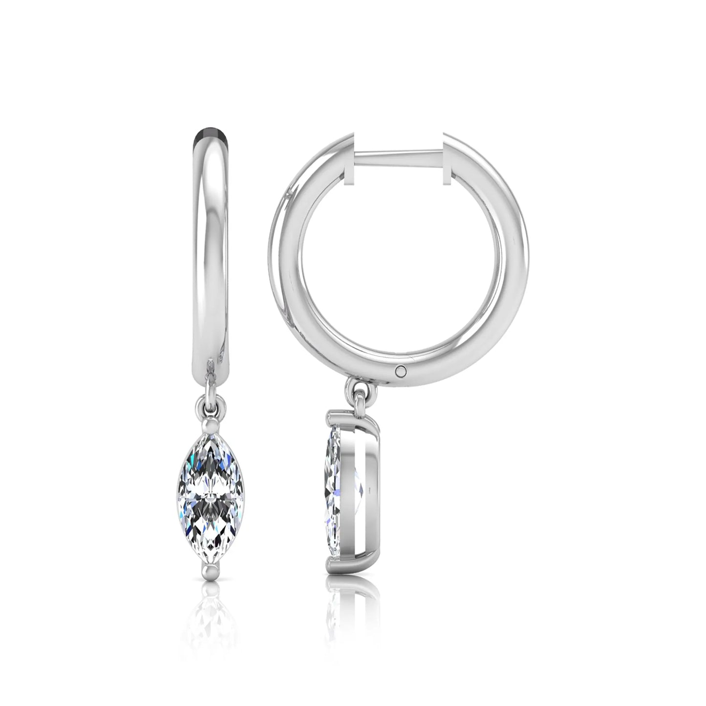 Marquise cut lab grown diamond drop huggie hoop earrings featuring a two prong drop setting, hinged snap closure, and polished white gold tone finish.