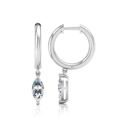 Marquise cut lab grown diamond drop huggie hoop earrings featuring a two prong drop setting, hinged snap closure, and polished white gold tone finish.