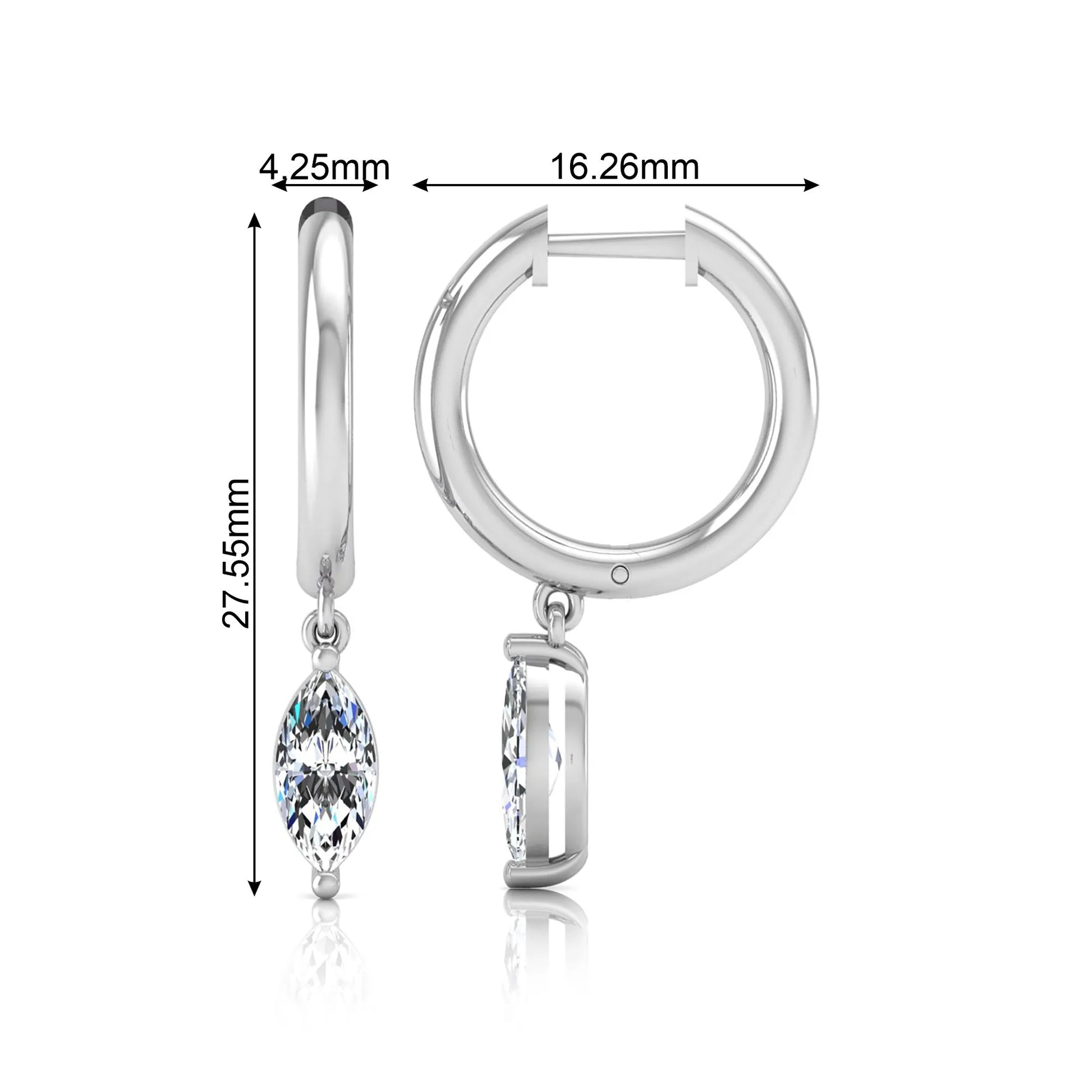 Marquise cut lab grown diamond drop huggie hoop earrings featuring a two prong drop setting, hinged snap closure, and polished white gold tone finish.