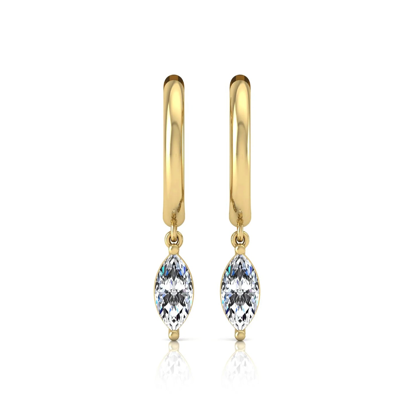 Marquise cut lab grown diamond drop huggie hoop earrings featuring a two prong drop setting, hinged snap closure, and polished yellow gold tone finish.