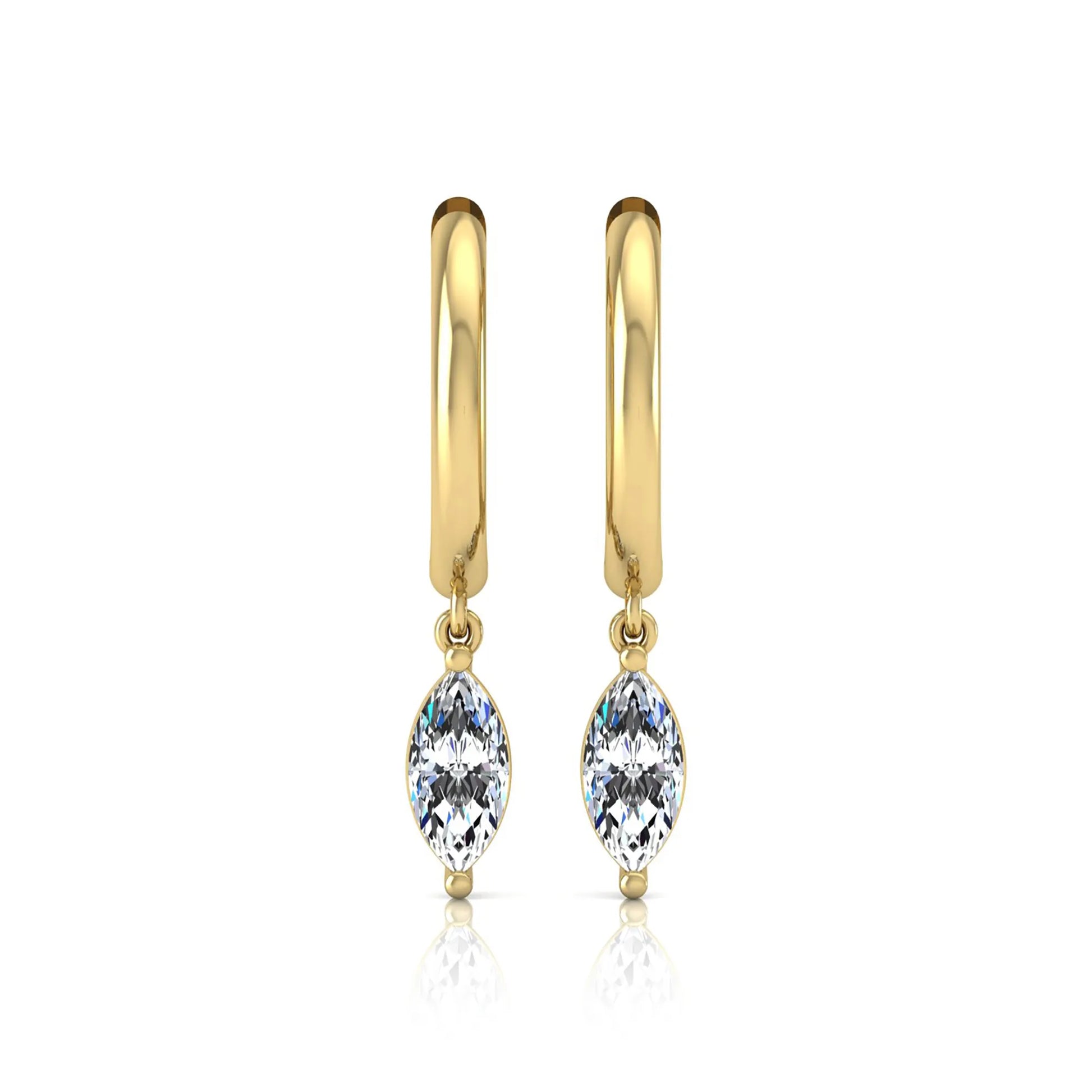 Marquise cut lab grown diamond drop huggie hoop earrings featuring a two prong drop setting, hinged snap closure, and polished yellow gold tone finish.