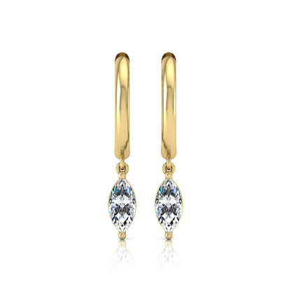 Marquise cut lab grown diamond drop huggie hoop earrings featuring a two prong drop setting, hinged snap closure, and polished yellow gold tone finish.