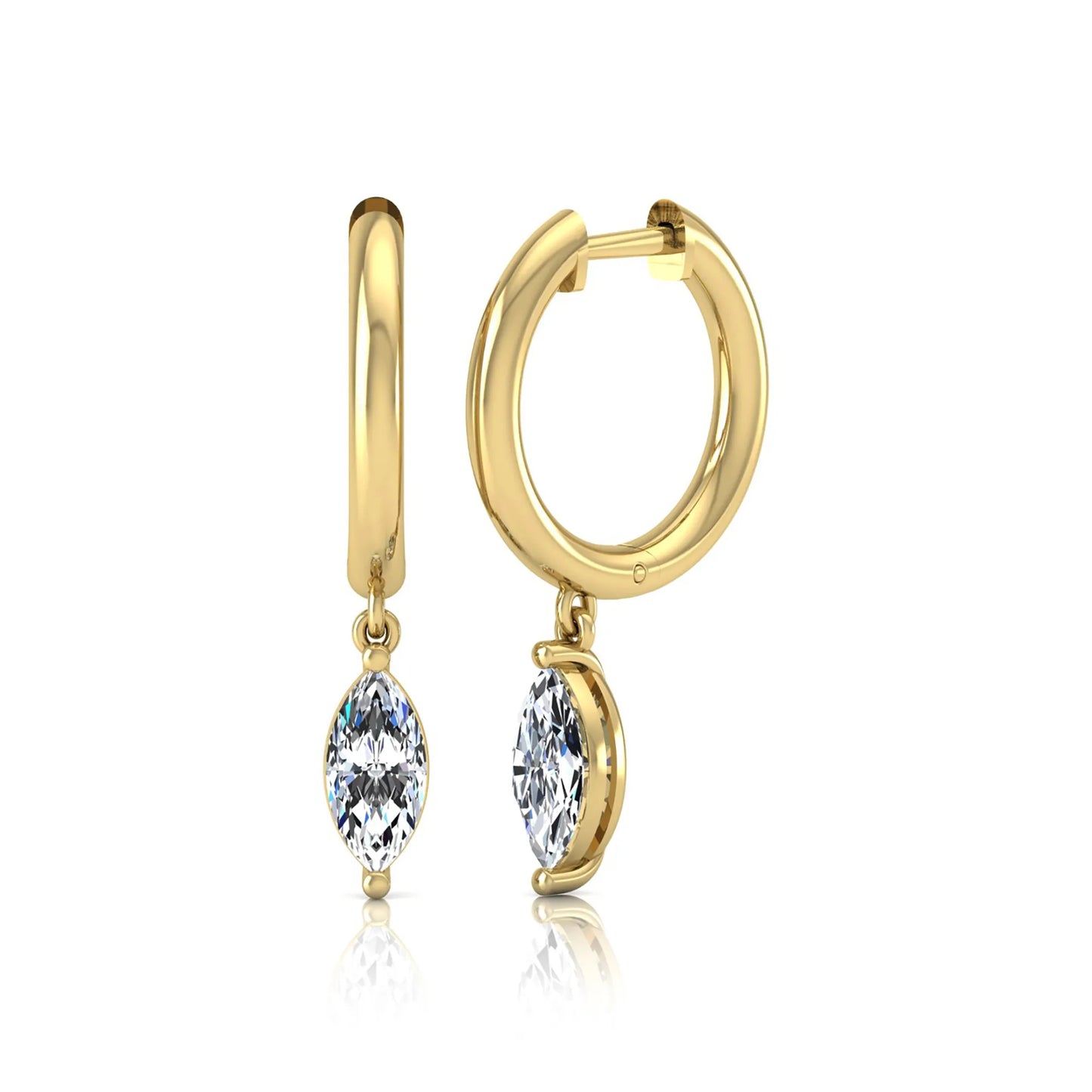 Marquise cut lab grown diamond drop huggie hoop earrings featuring a two prong drop setting, hinged snap closure, and polished yellow gold tone finish.