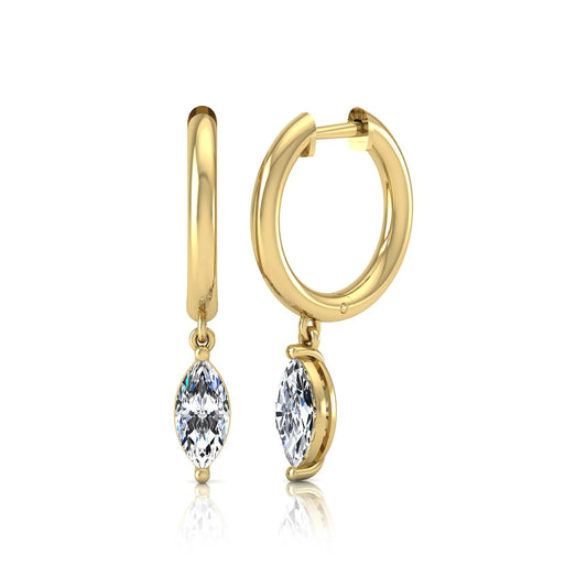 Marquise cut lab grown diamond drop huggie hoop earrings featuring a two prong drop setting, hinged snap closure, and polished yellow gold tone finish.