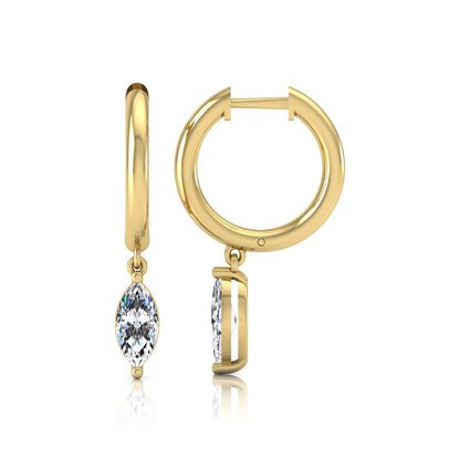 Marquise cut lab grown diamond drop huggie hoop earrings featuring a two prong drop setting, hinged snap closure, and polished yellow gold tone finish.