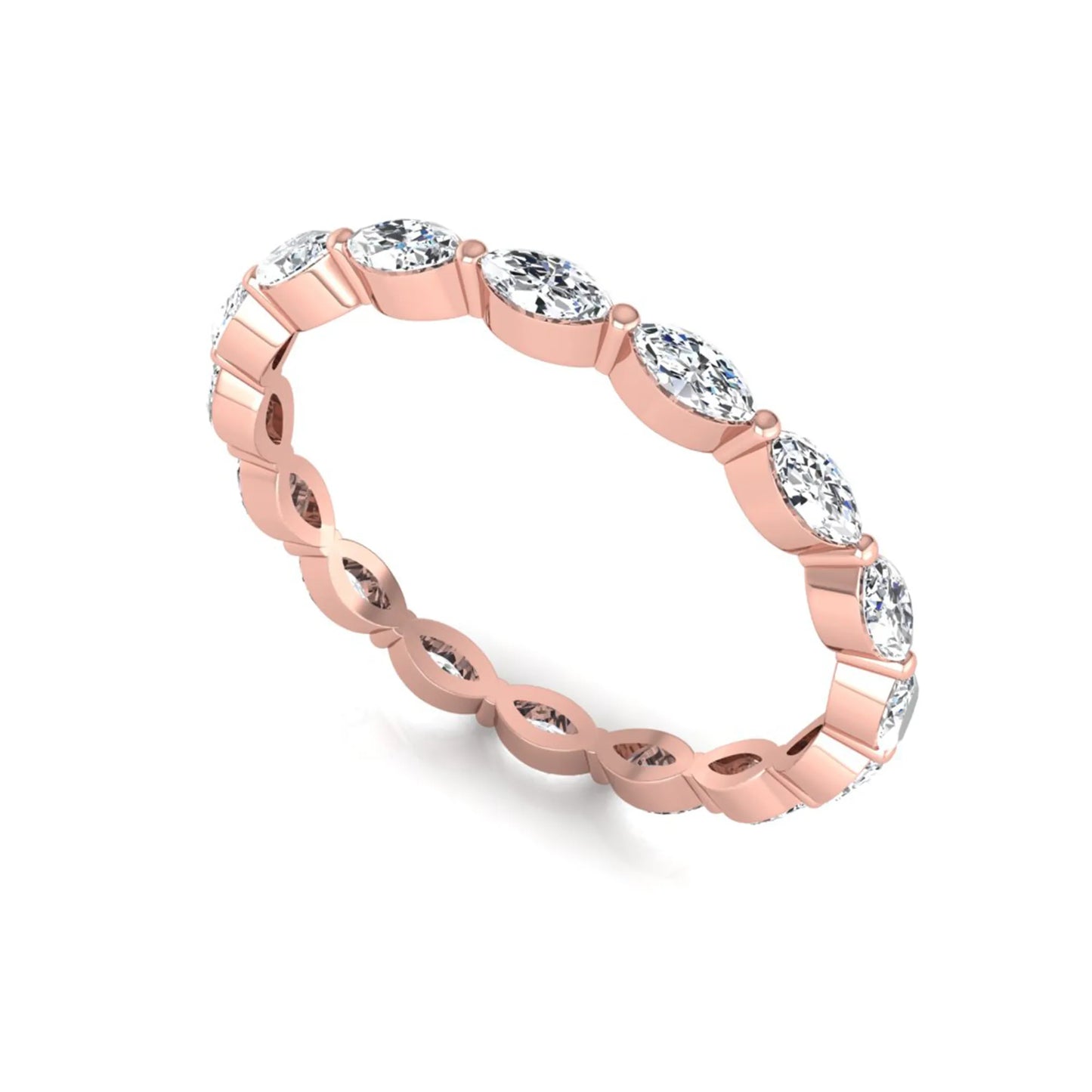 Marquise cut lab grown diamond eternity band ring with shared prong setting in rose gold tone