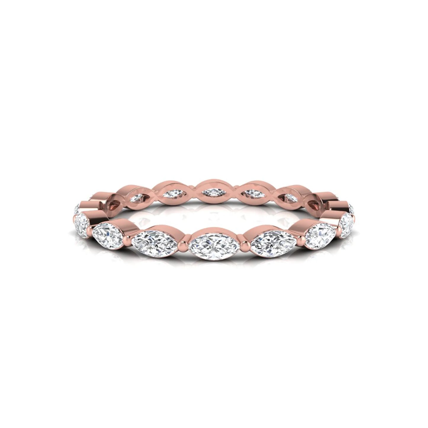 Marquise cut lab grown diamond eternity band ring with shared prong setting in rose gold tone