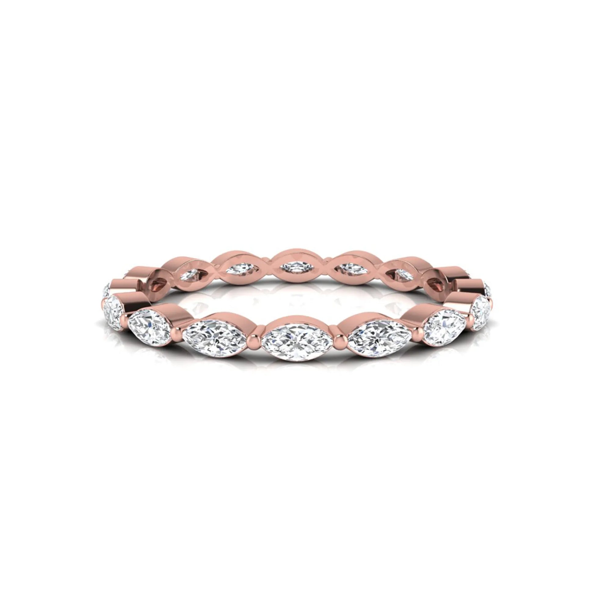 Marquise cut lab grown diamond eternity band ring with shared prong setting in rose gold tone