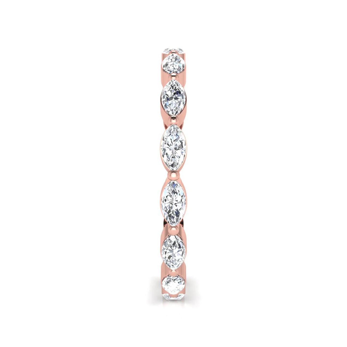Marquise cut lab grown diamond eternity band ring with shared prong setting in rose gold tone