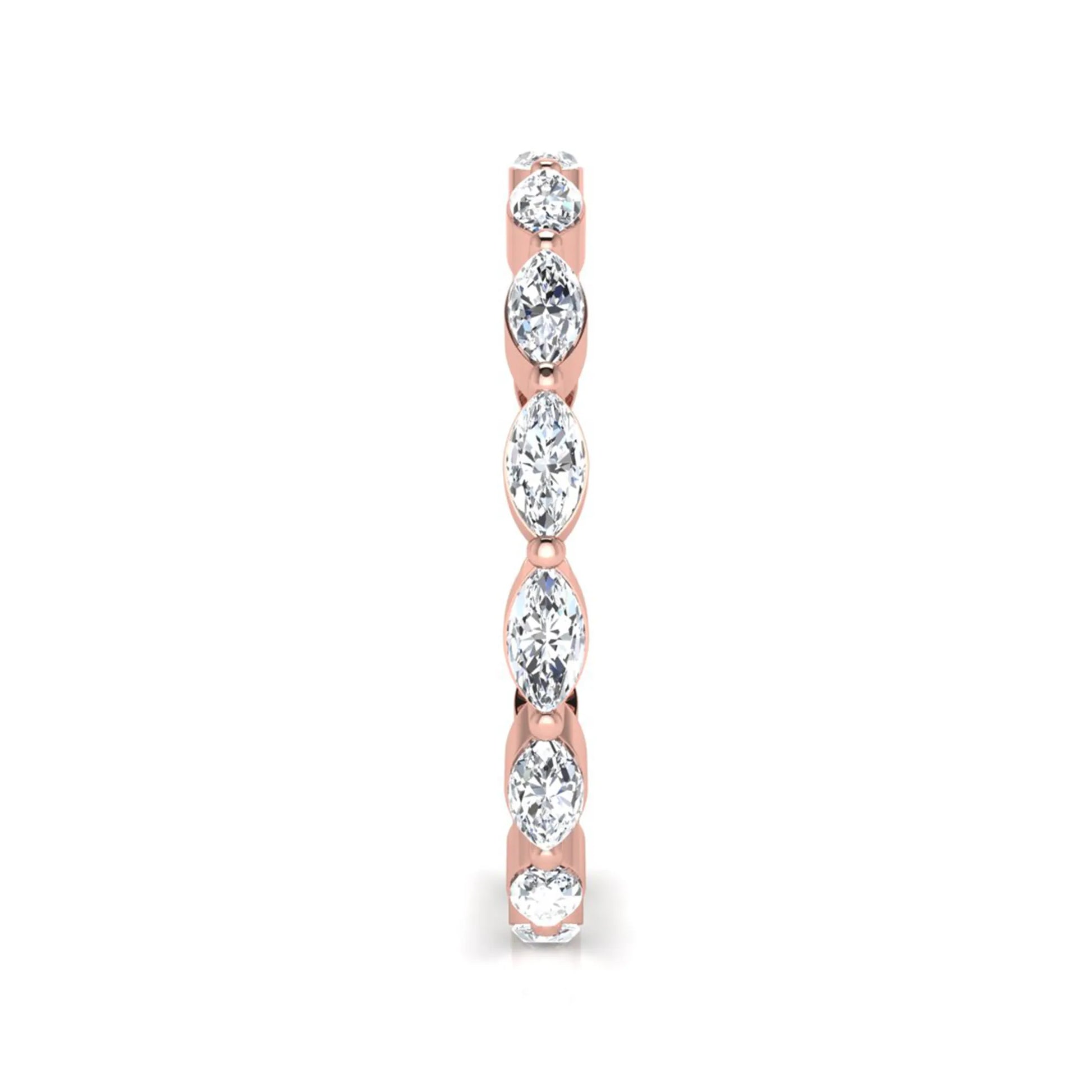 Marquise cut lab grown diamond eternity band ring with shared prong setting in rose gold tone