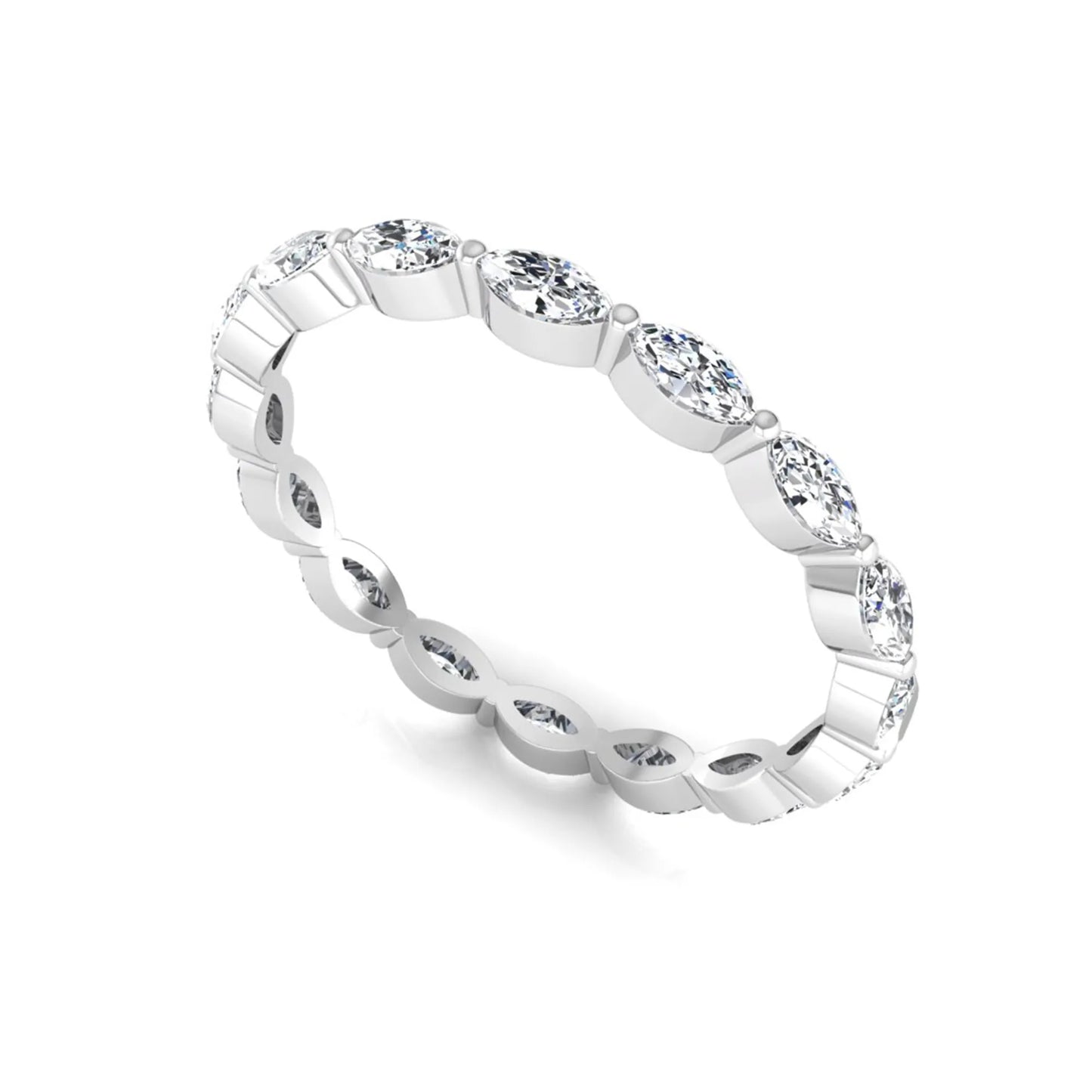 Marquise cut lab grown diamond eternity band ring with shared prong setting in white gold tone