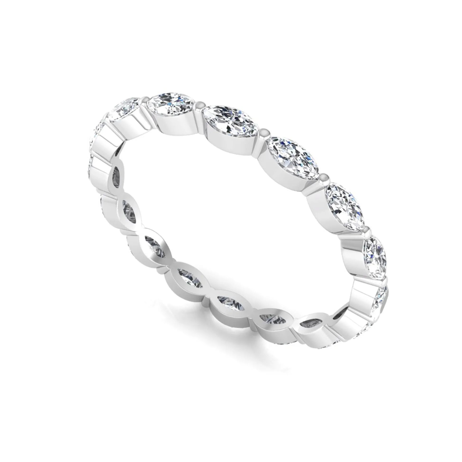 Marquise cut lab grown diamond eternity band ring with shared prong setting in white gold tone