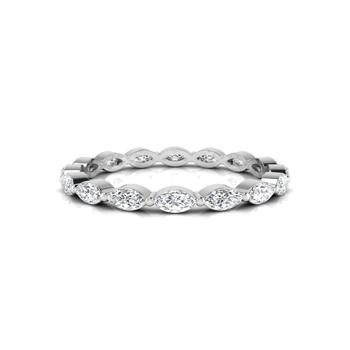 Marquise cut lab grown diamond eternity band ring with shared prong setting in white gold tone