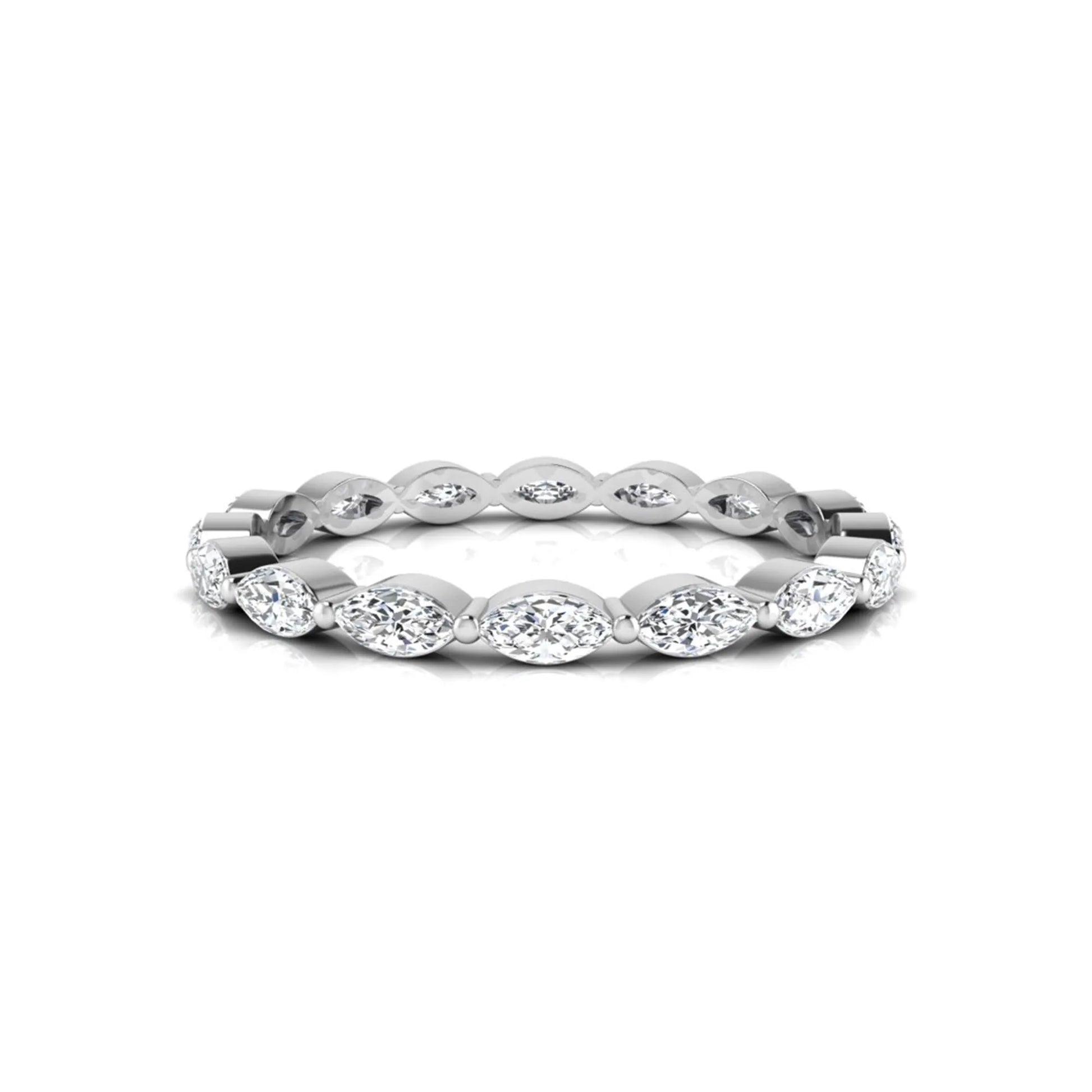 Marquise cut lab grown diamond eternity band ring with shared prong setting in white gold tone