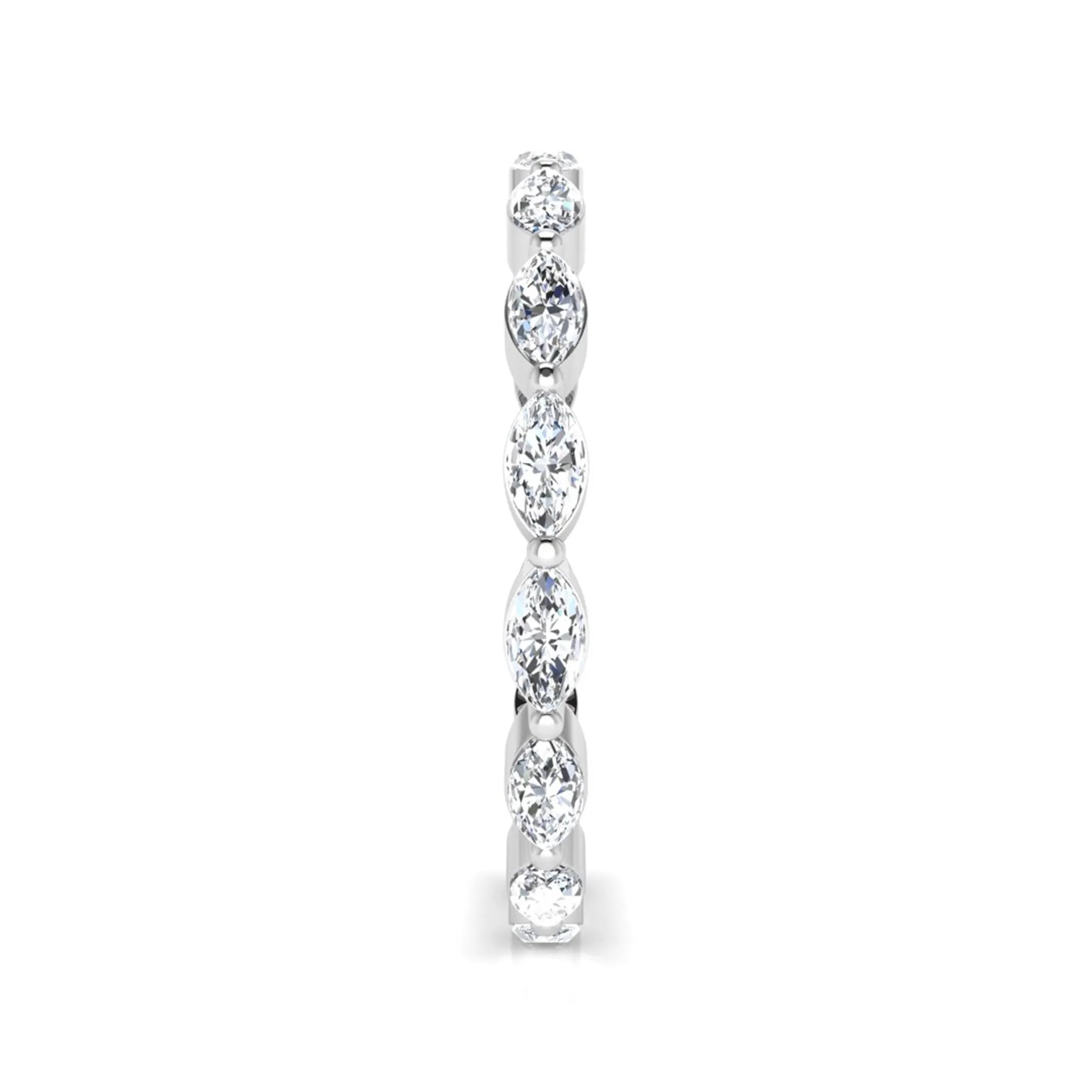 Marquise cut lab grown diamond eternity band ring with shared prong setting in white gold tone