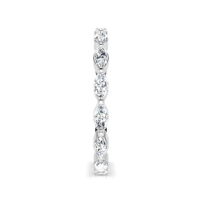 Marquise cut lab grown diamond eternity band ring with shared prong setting in white gold tone