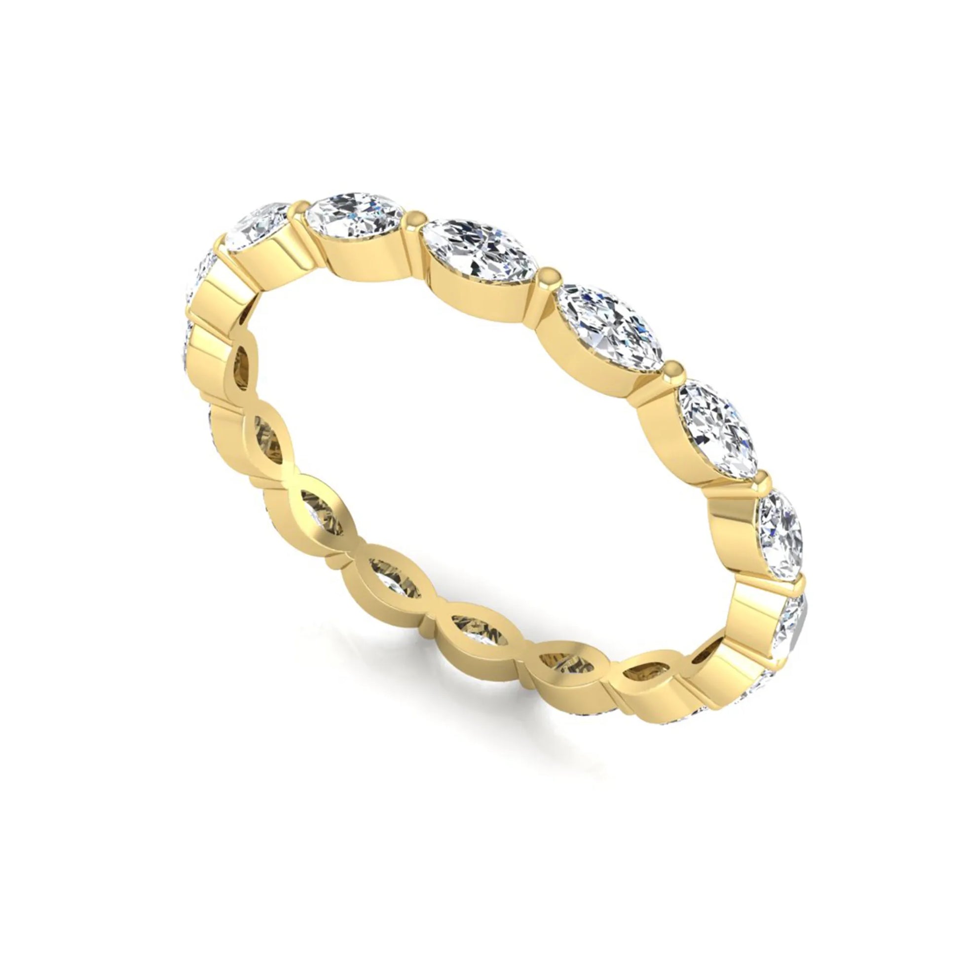 Marquise cut lab grown diamond eternity band ring with shared prong setting in yellow gold tone
