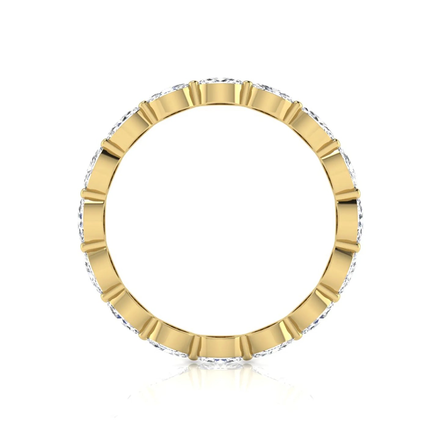 Marquise cut lab grown diamond eternity band ring with shared prong setting in yellow gold tone